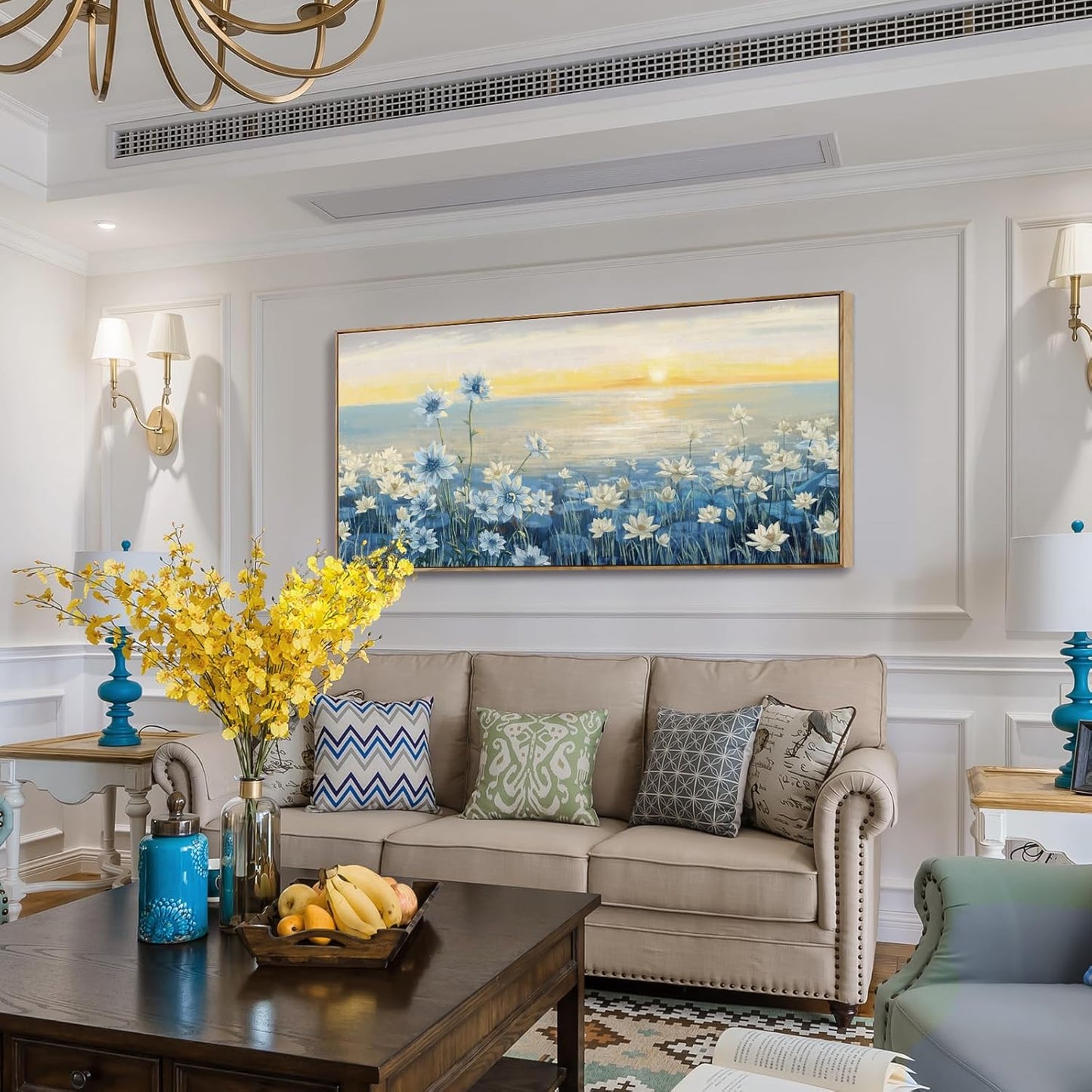 Large Wall Art for Living Room Modern Framed Coastal Beachy Canvas Wall Art Big Floral Sunrise Blue Wall Picture Oversized Lake Nature Sunset Artwork for Office Bedroom Decor