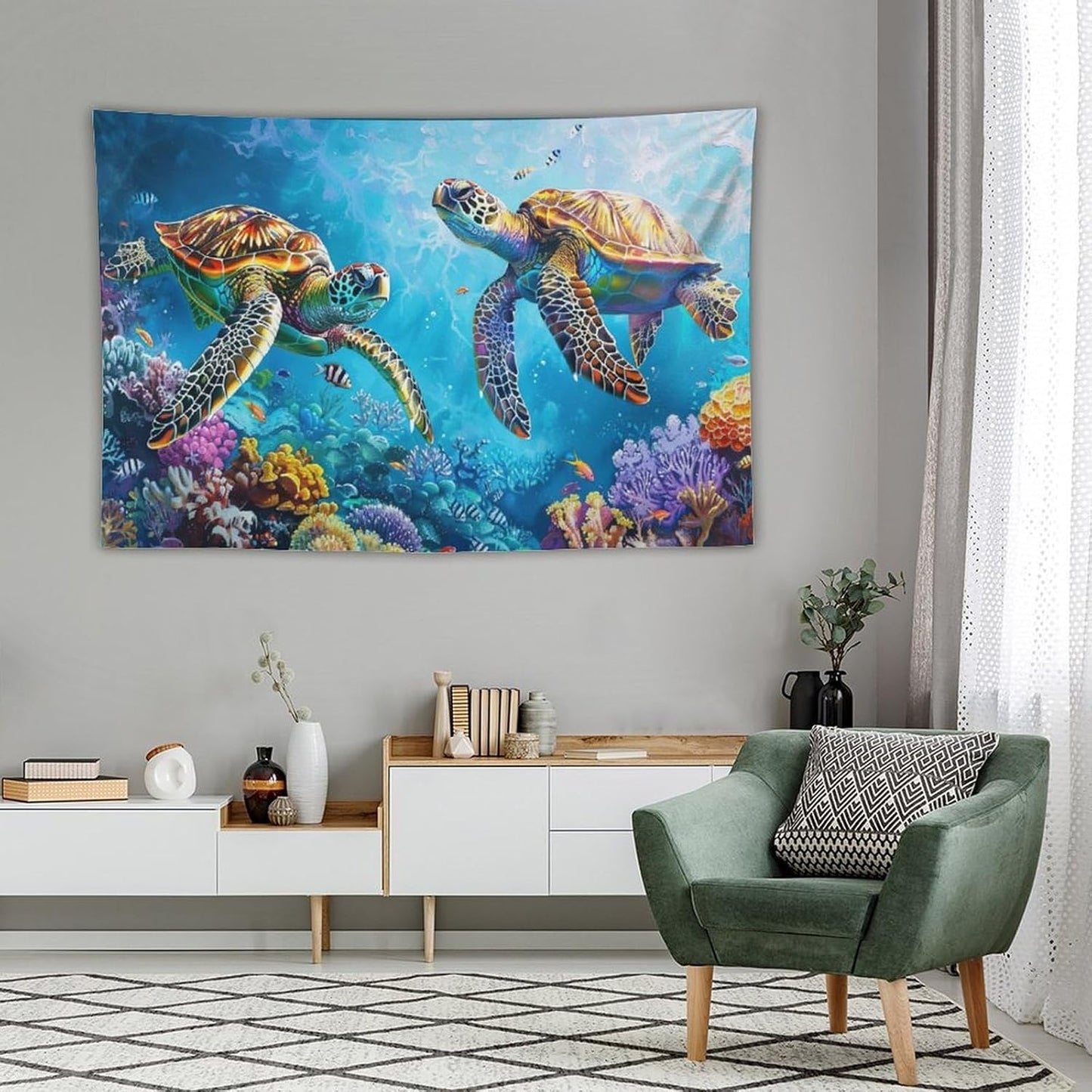 Sea Turtle Tapestry Ocean Tapestries Fabric Wall Hanging Aesthetic Space Coastal Indoor Outdoor Wall Art Tablecloth Bedspread Decoration for Bedroom Dormitory Living Room Home Decor 40"x60"