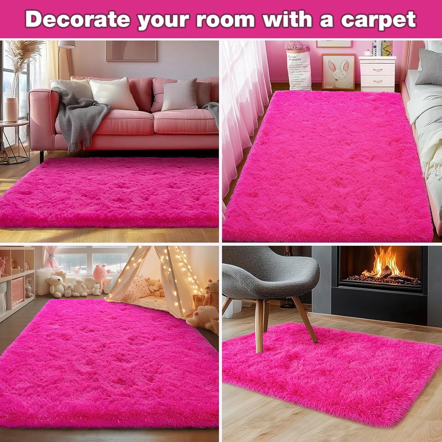 Rezutan Soft Fluffy Rug for Living Room Bedroom, Large Comfy Modern Shaggy Fuzzy Kids, Plush Indoor Nursery Classroom Home Decor Bedside Rug with Non-Slip Bottom, Hot Pink, 6 X 9 Feet