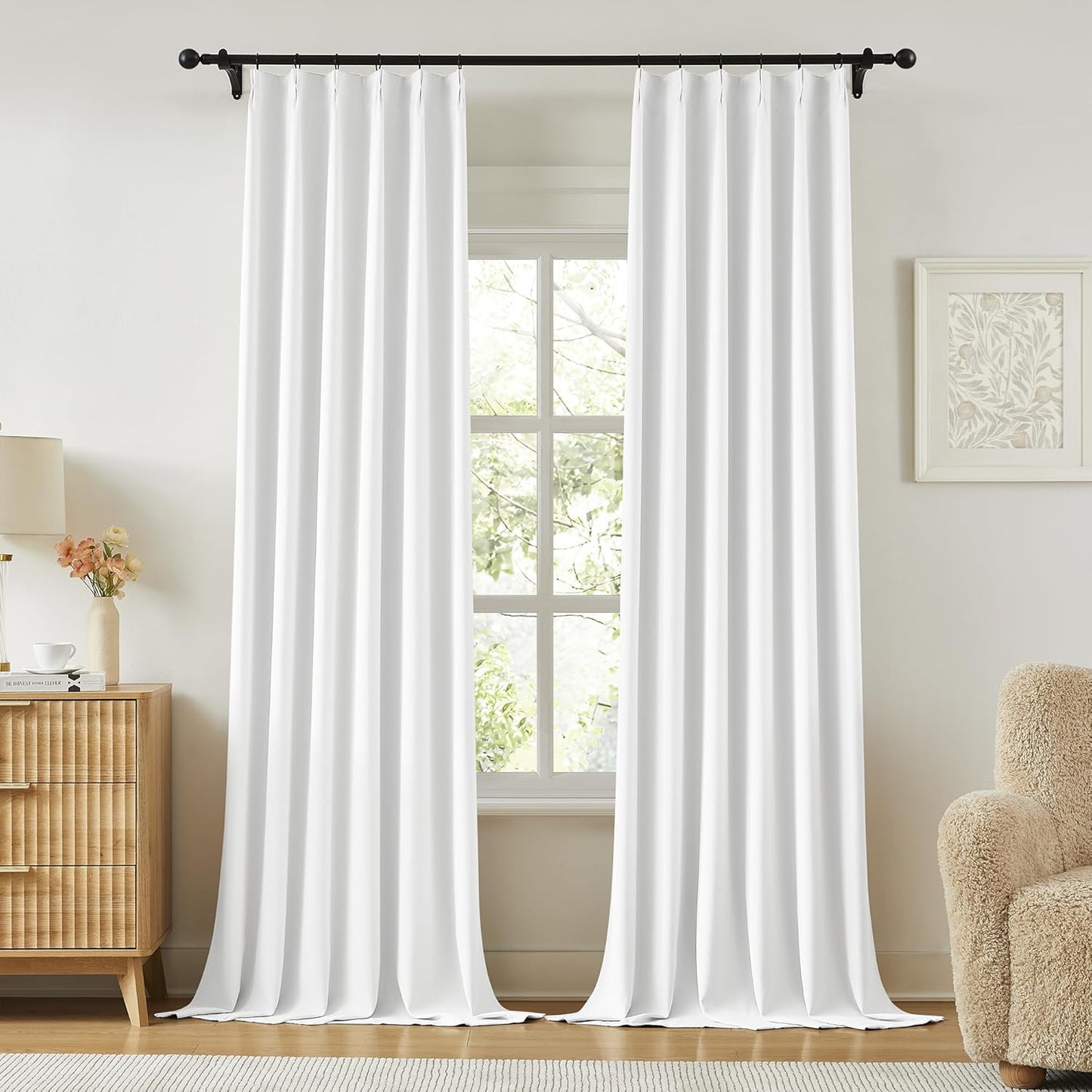 KangBang White Pinch Pleat Curtains 95 Inches Long, Extra Wide Room Darkening Privacy Window Treatments Snow White Privacy Assured Drapes for Sliding Door Sun Room with Adjustable Hooks,2PCs,60x95