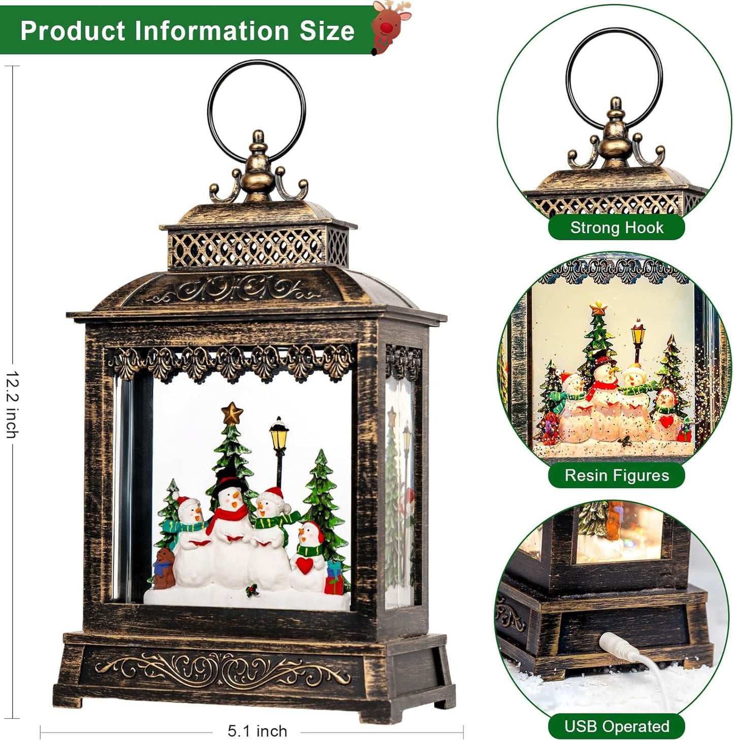 Christmas Snow Globes Lantern Christmas Snow Globe with Music Snowman Poetry,6H Timer,USB Lined/Battery Operated Lighted Lantern for Christmas Festival Decoration Gifts