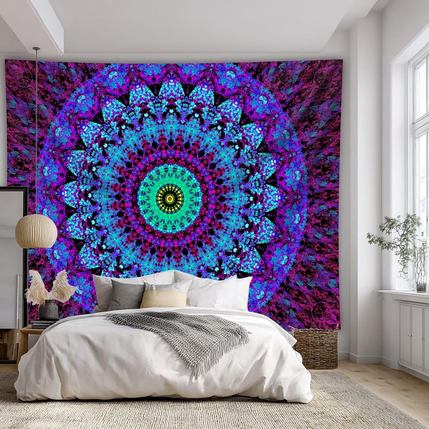 Blacklight Mandala Boho Tapestry, Black Light Bohemian Hippie Poster for Adults and Teens, UV Reactive Aesthetic Wall Art Decor for Bedroom (90 x 70 Inches)