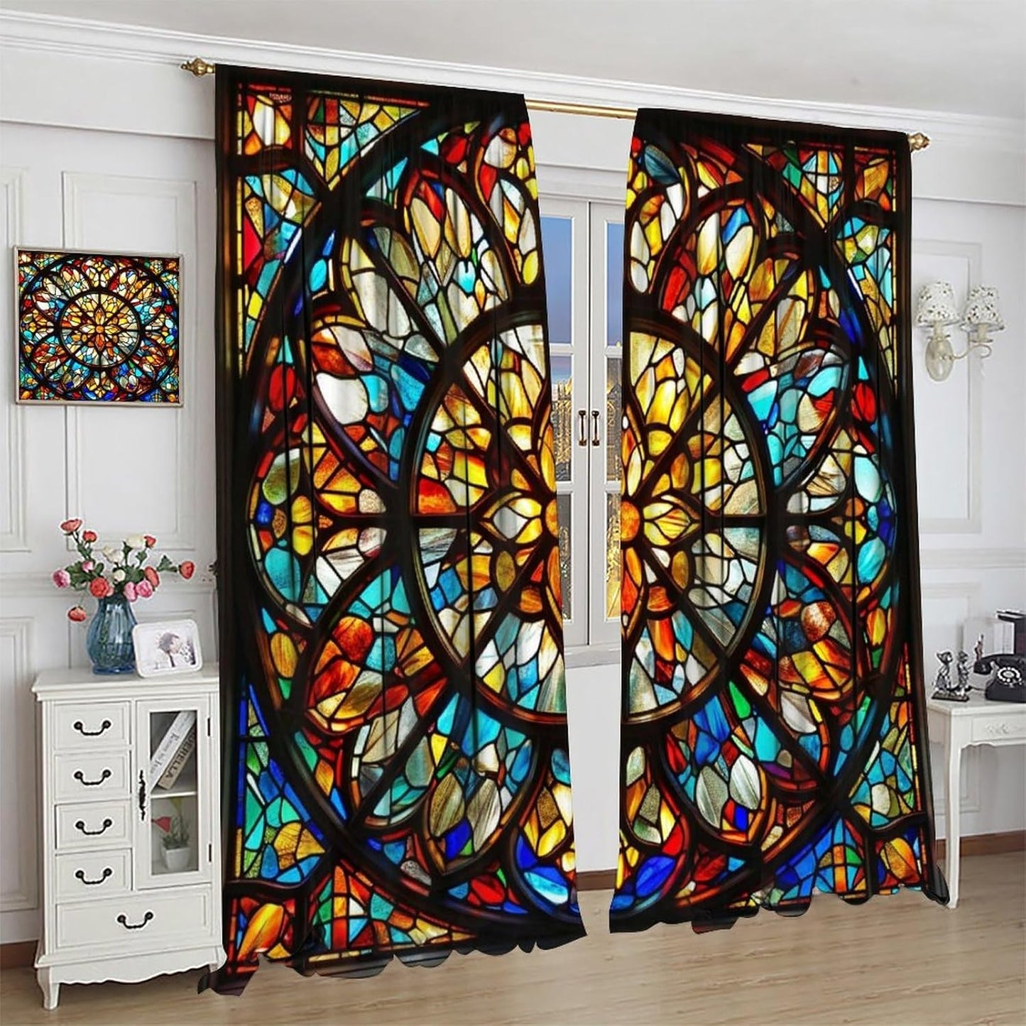 Stained Glass Curtains,Retro Mid Century Abstract Colorful Geometric Prints Home Decor Drapes for Bedroom Living Room Kitchen Window Treatment 2 Panels Set Total Size 63" W X 63" L Inch