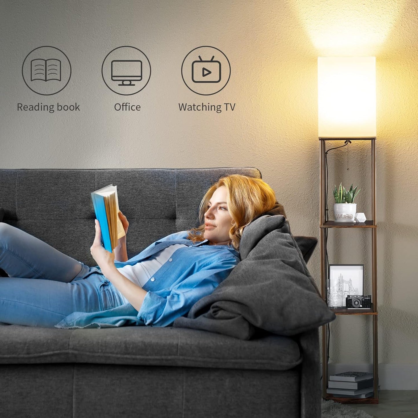 SUNMORY Floor Lamp with Shelves, Modern Square Standing Lamp with 3 Color Temperature Bulb, Corner Display Bookshelf Lamp for Living Room and Bedroom (Rustic Brown)