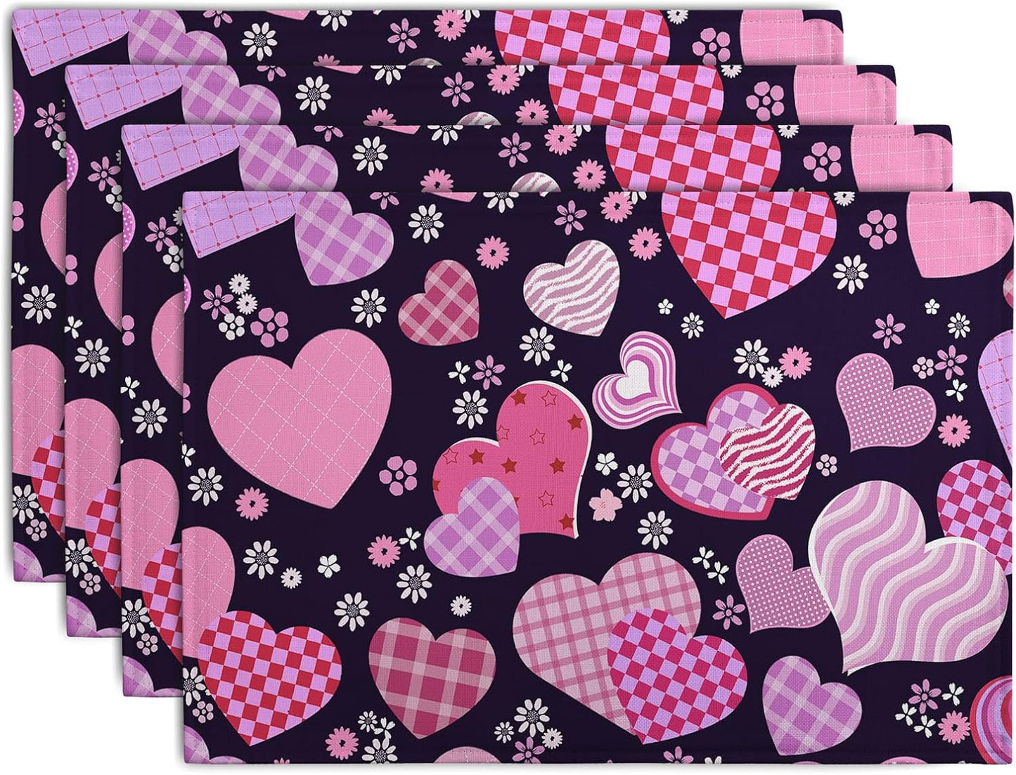 Pink Love Hearts Valentine's Day Placemats Set of 4 Seasonal Valentines Anniversary Wedding Linen Table Mats Pink Black Washable Place Mats for Party Kitchen Dining Outdoor Indoor Decor 12x18 Inch