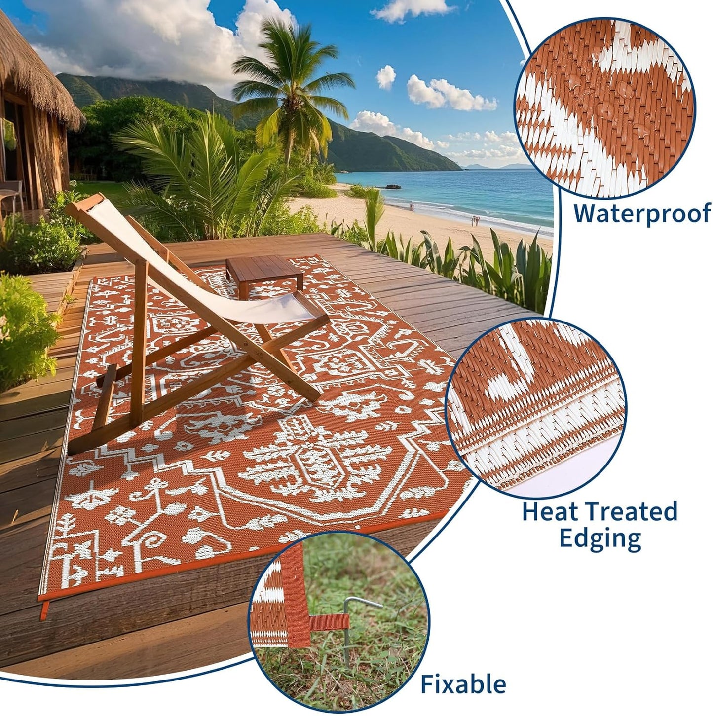 Outdoor Rug 8x10 Waterproof Reversible Plastic Straw Mat, UV-Resistant Vintage Medallion Camping Carpet for Patio, Deck, Balcony, Picnic, Large Outside Floor Mat, Vintage Terracotta Brick/White