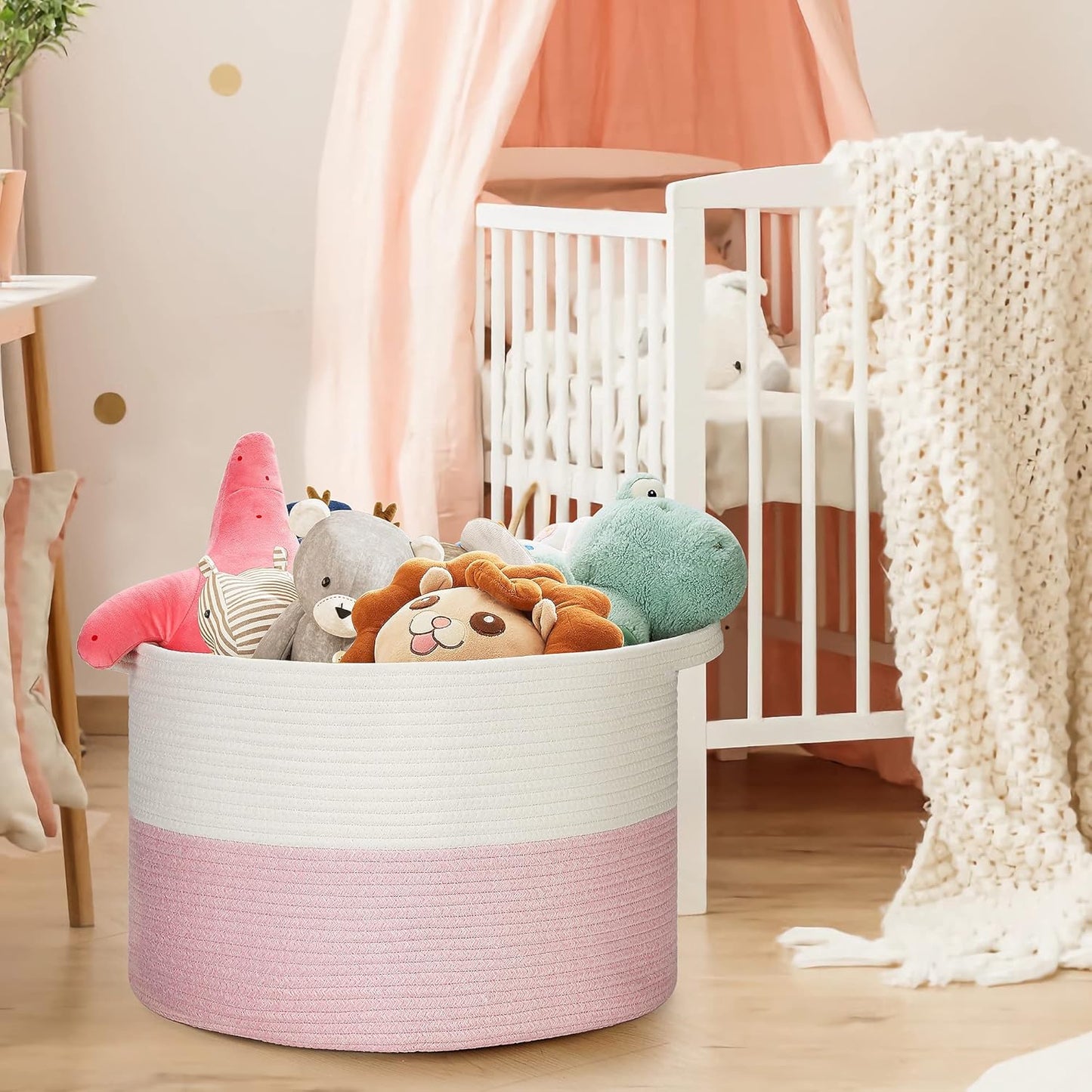 Ravinte Blanket Basket - 20"x 20"x 13" Cotton Rope Basket for Living Room, Baby Toy Storage Basket, Large Woven Laundry Basket (White-Pink)
