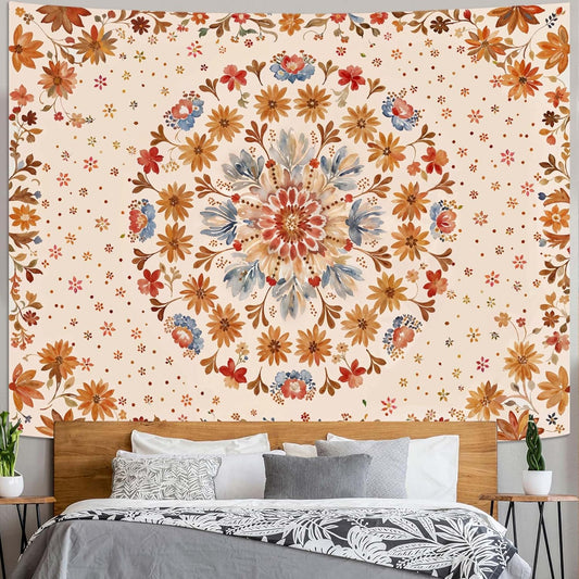 Boho Floral Mandala Tapestry Wall Hanging Watercolor Bohemian Flower Medallion Tapestry Aesthetic Beige Orange Hippie Indian Extra Large Tapestries for Bedroom Living Room Dorm Decor 90 x 68 Inch