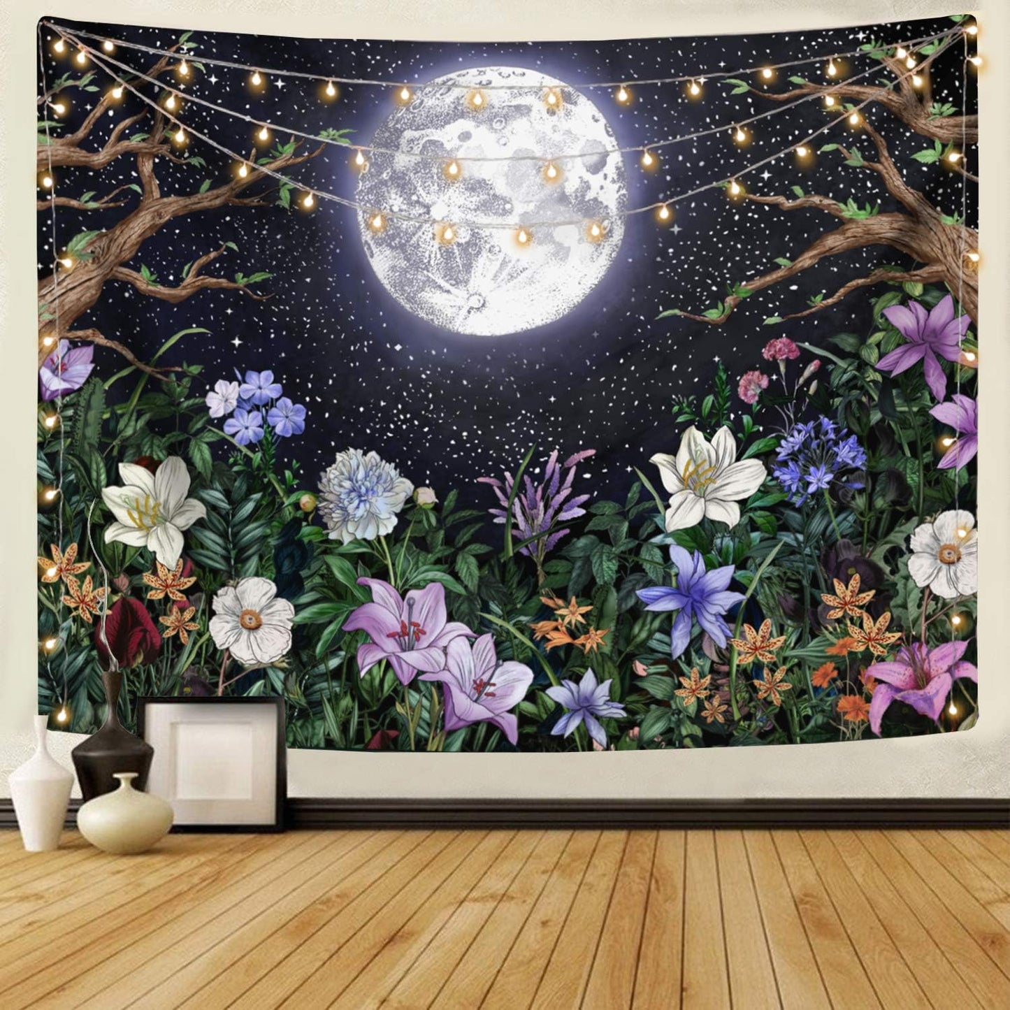 Neasow Aesthetic Moon Garden Tapestry Wall Hanging, Night Landscape with Colorful Plants Floral Tapestries for Bedroom Home Decor Multi Color 50×60 inch (130cm×150cm)