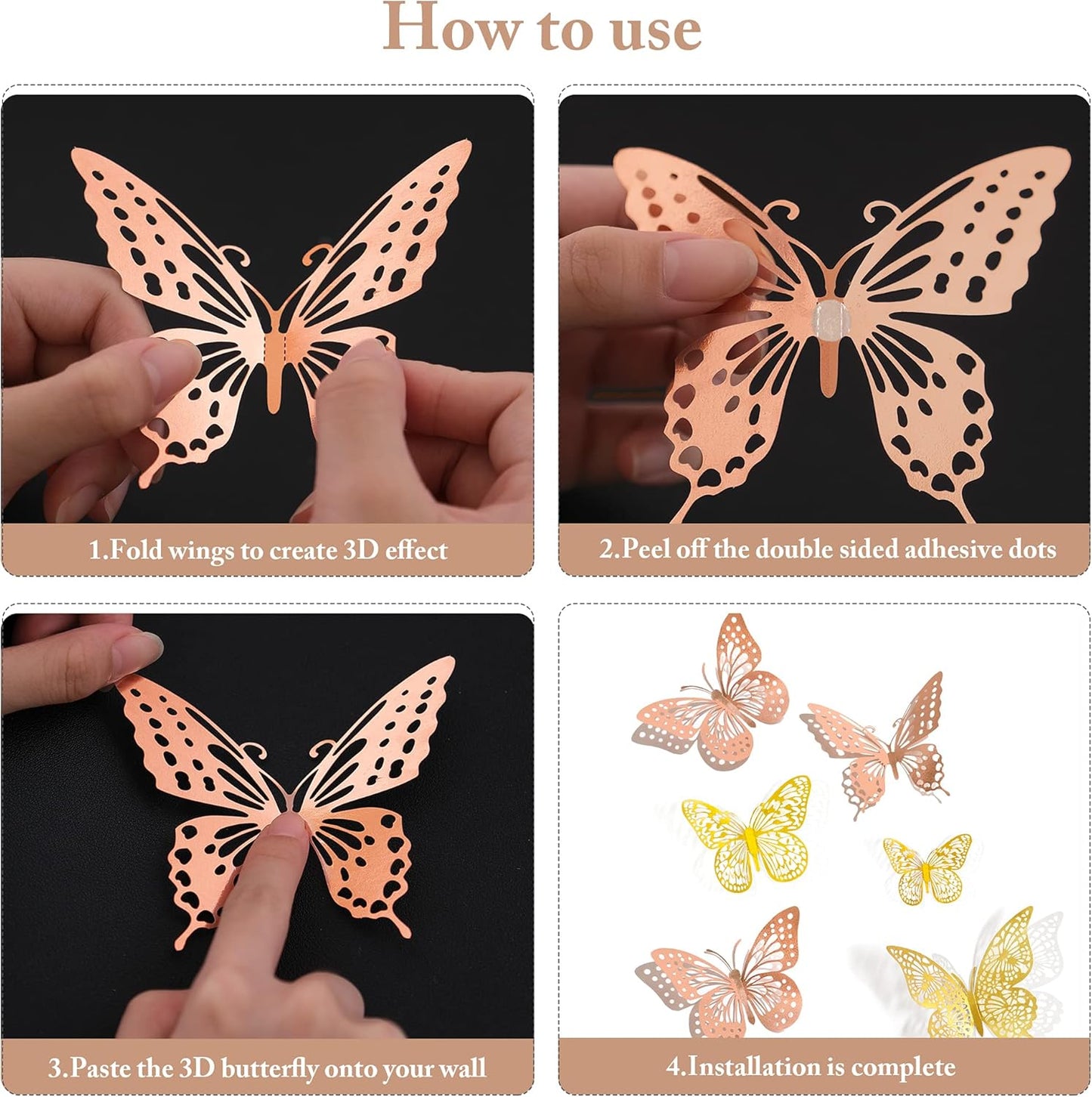 SAOROPEB 3D Butterfly Wall Decor, 48 Pcs 4 Styles 2 Color 3 Sizes, Removable Metallic Wall Sticker Room Mural Decals for Kids Bedroom Nursery Classroom Party Decoration (2 Color)