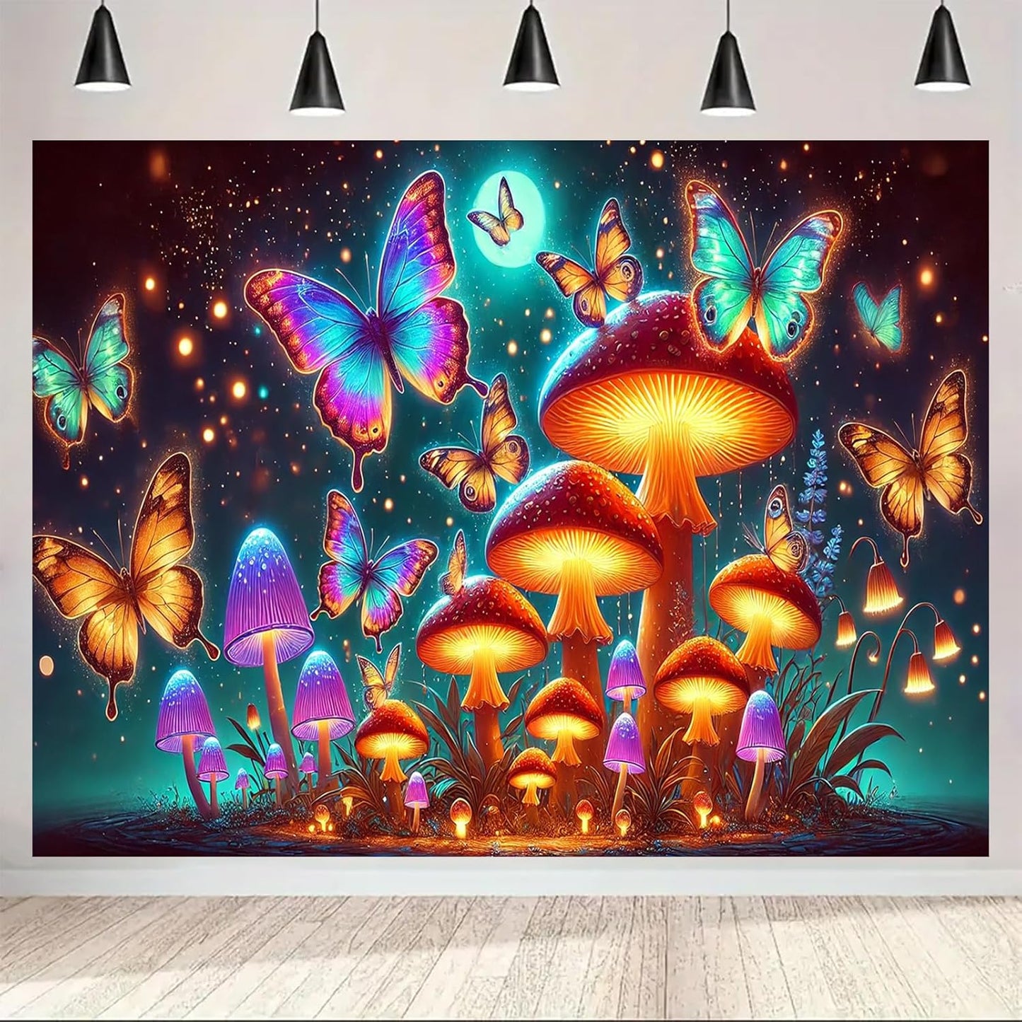 BlissYard Glowing Butterflies Mushroom Forest UV Black Light Tapestry 78x59 Inches Art Color Neon Light Background Bedroom Living Room Wall Party Decoration Fantasy Fungi Insect Magic Garden Scene