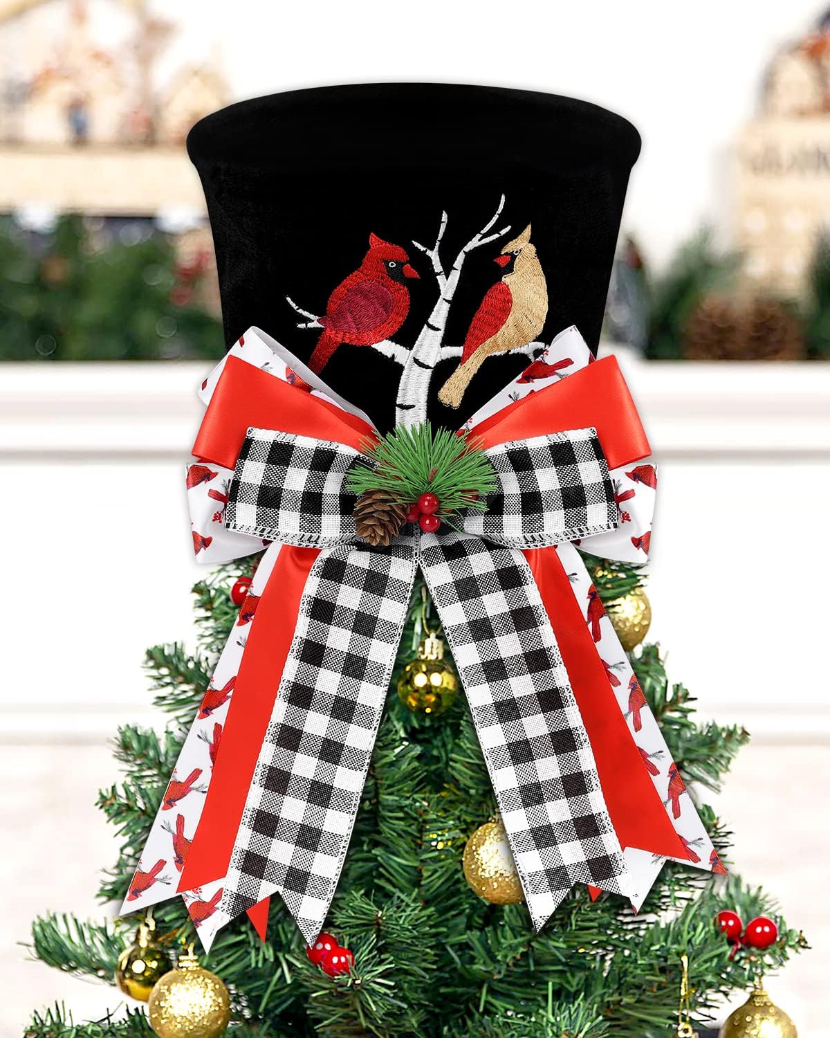 Cardinal Christmas Tree Topper Top Hat with Buffalo Plaid Check Bows Xmas Couple Cardinals on Tree Ornament Winter Holidays Home Decoration Memorial Sympathy Gift for Him Her