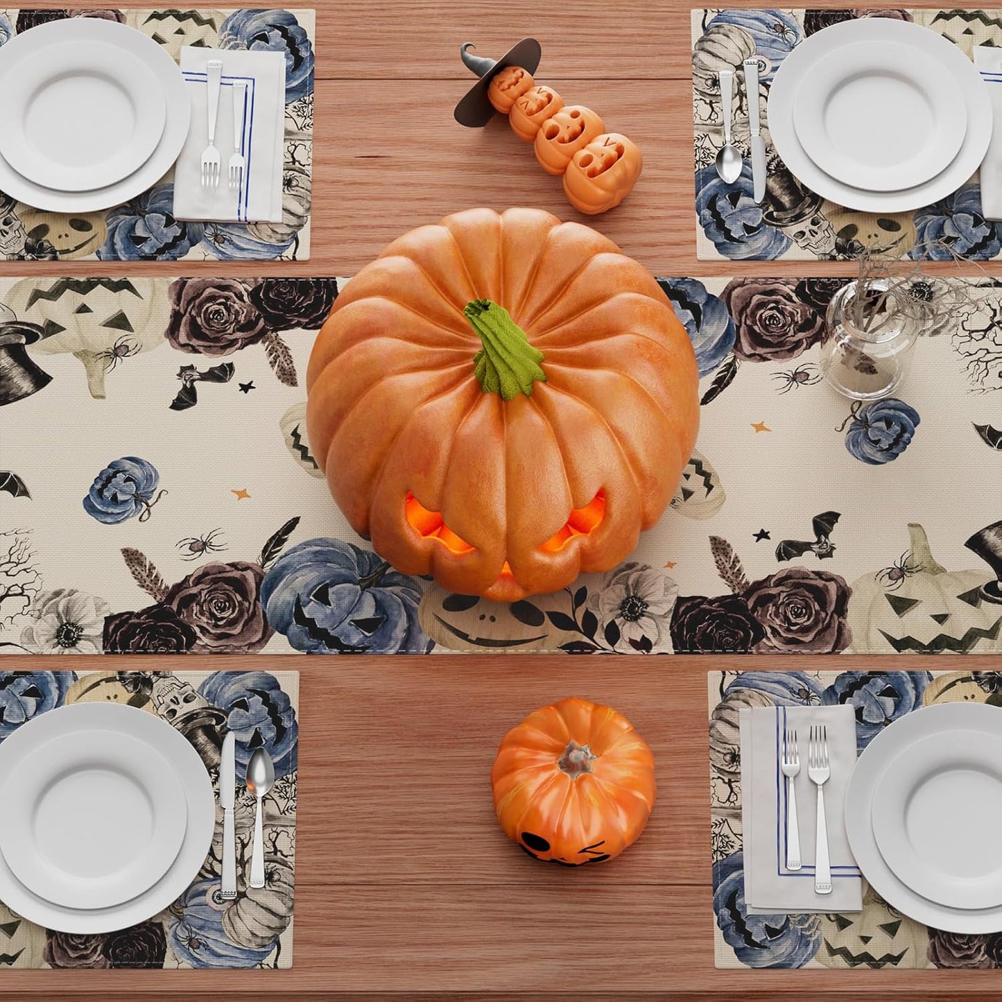 XCHI Spooky Blue Pumpkin Halloween Table Runner Party Table Decoration for Home Kitchen Dining Holiday Decor 13x48 Inch