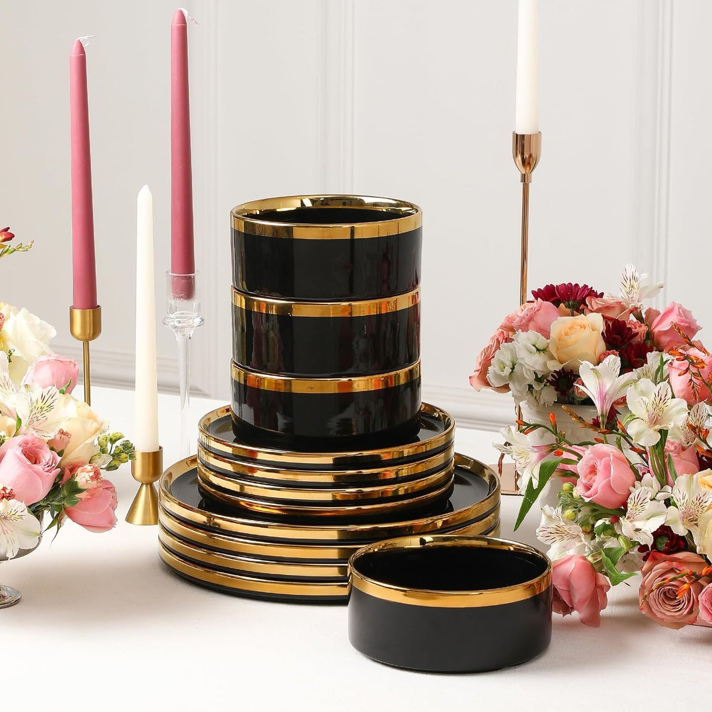 Christian Siriano Solene Stoneware Dinnerware, 24-Piece Plates and Bowls Set, Dish Set for 8, Black with Gold Rim, Glossy Finish, Hand Wash Only