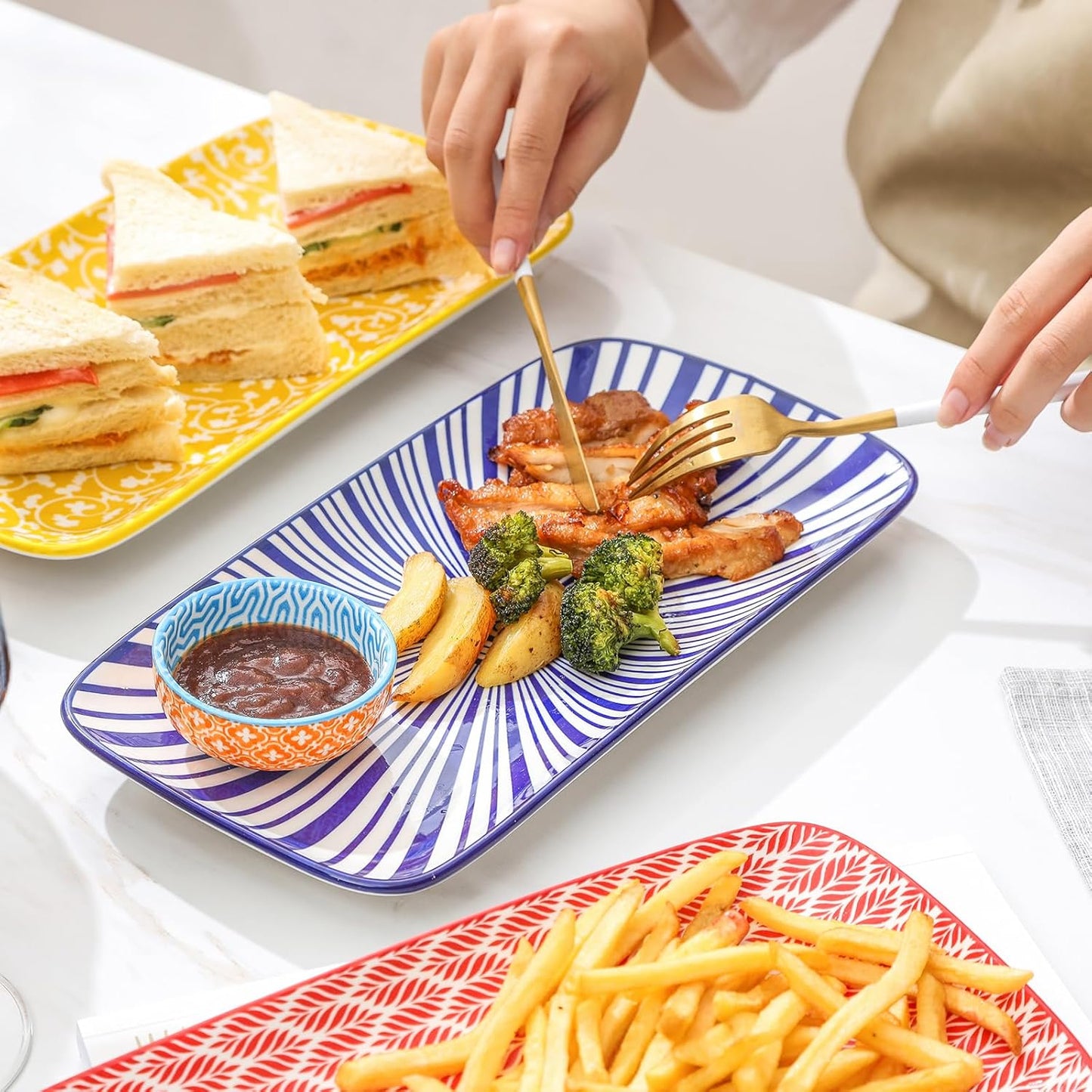 Selamica Ceramic Rectangular Serving Platters Set of 4, 12 Inch Serving Trays/Dishes for Party Entertaining, Rectangular Dinner Plates for Appetizer Salad Dessert Sushi, Assorted Colors