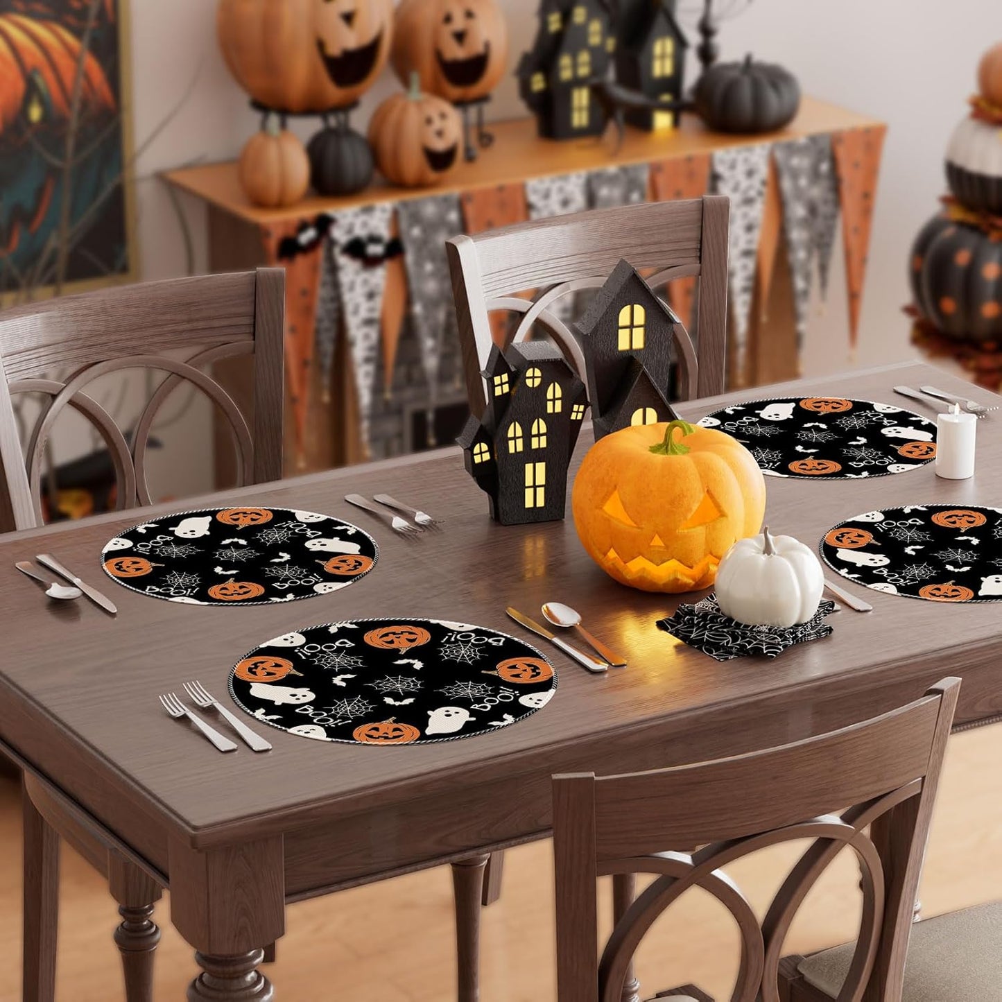 XCHI Boo Spooky Ghost Pumpkin Halloween Round Placemats Set of 4 Table Mats Table Decorations 14x14 Inch