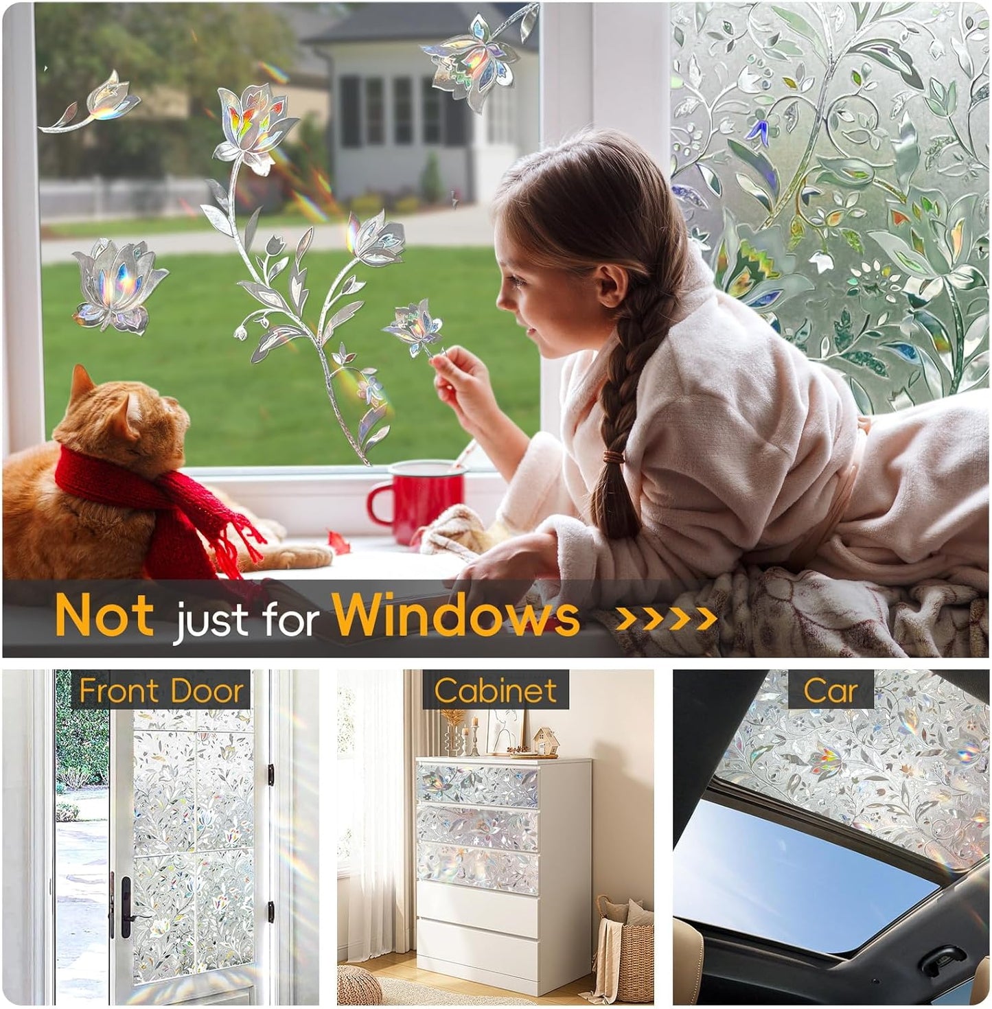 Rainbow Window Privacy Film Decorative, Stained Glass Window Tint for Home, 3D Decals Window Clings for Glass Windows, Static Cling Window Sticker, Suncatcher Window Cover,35.4" by 157.4"