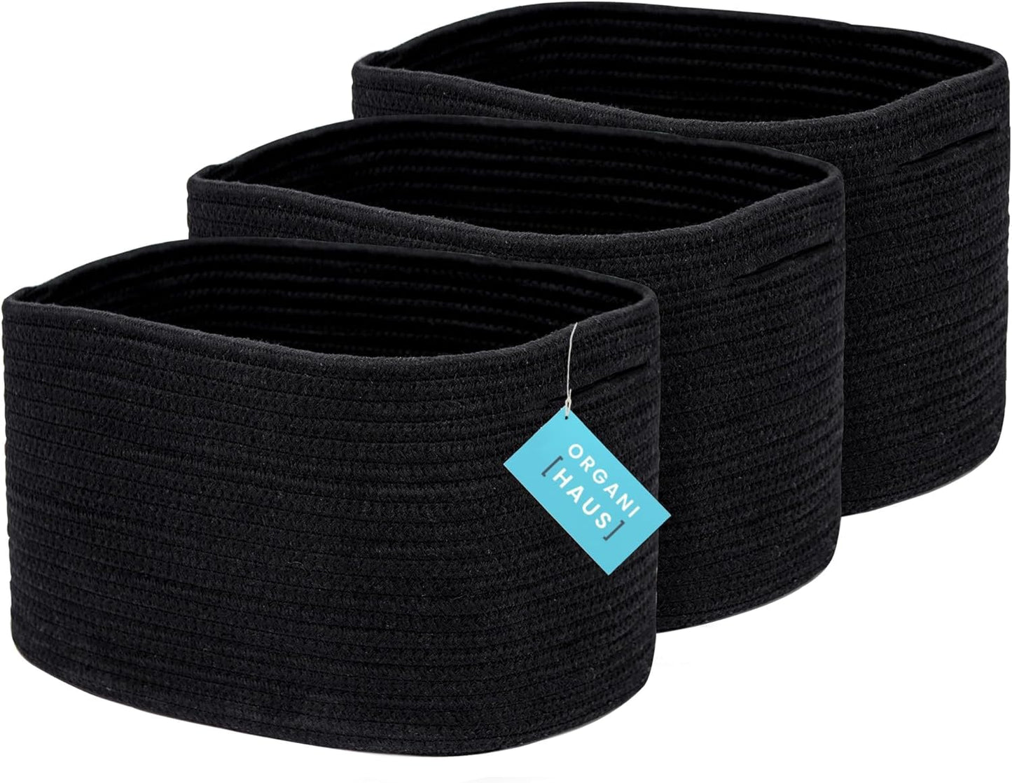 OrganiHaus Set of 3 Woven Storage Baskets for Organizing, Cotton Rope Organizer Bins for Shelves, Closet & Nursery, Dog Toy Basket, Decorative Bins for Toys, Towels & Books - 15x10x9, Black