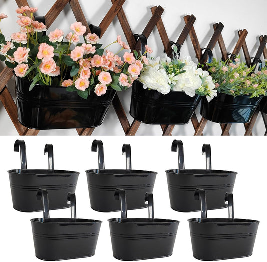 6 Pack Metal Hanging Planter for Outdoor Plants, 10 Inch Black Fence Planters Railing Pots for Garden Patio Balcony Decor, Flower Bucket with Detachable Hooks (Black, 6Pcs)