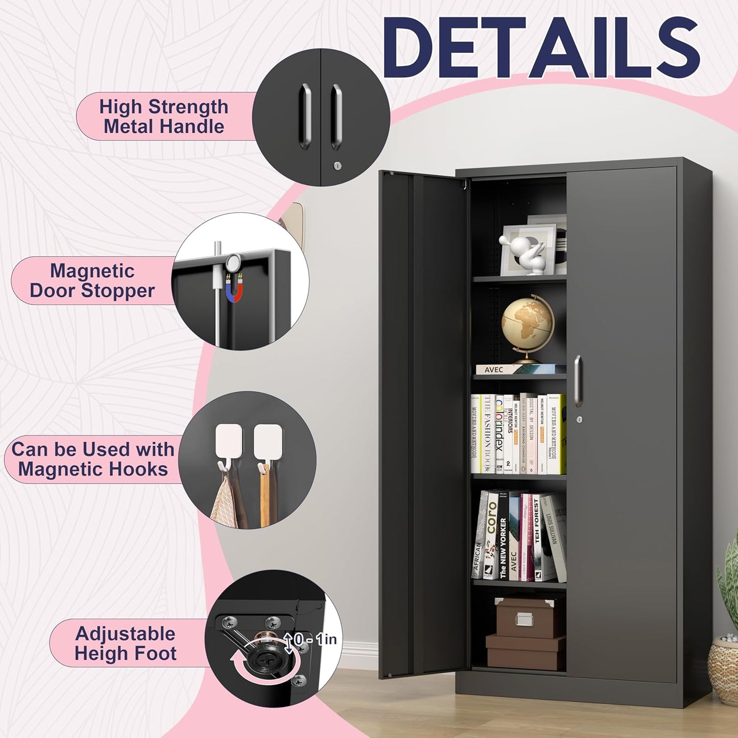 71" Garage Storage Cabinets with Lock, Cabinets with Doors and Shelves, Kitchen Pantry Cabinet, Metal Cabinet for Office, Garage, Shop, School, Assemble Required, Black