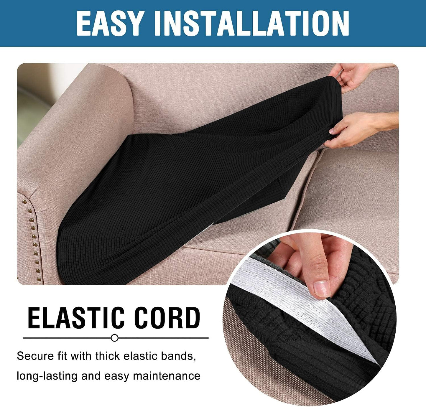 H.VERSAILTEX Super Stretch Individual Seat Sofa Covers Couch Slipcover Sets Thick Jacquard Textured Twill Fabric (3 Piece XL Cushion Covers, Black)