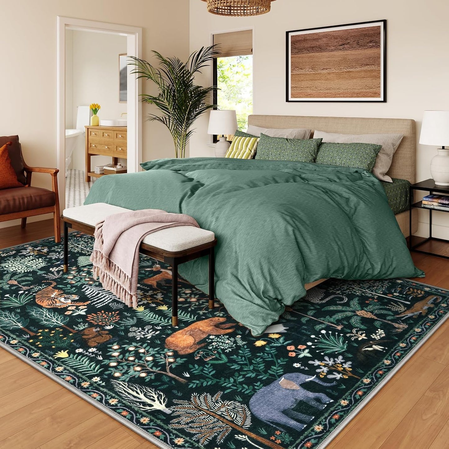 OJIA Jungle Print 8x10 Rugs for Living Room, Green Soft Bedroom Rug Washable Area Rugs 8x10, Modern Dining Room Rug Stain Resistant Floor Carpet for Playroom Kids Nursery Office, Green