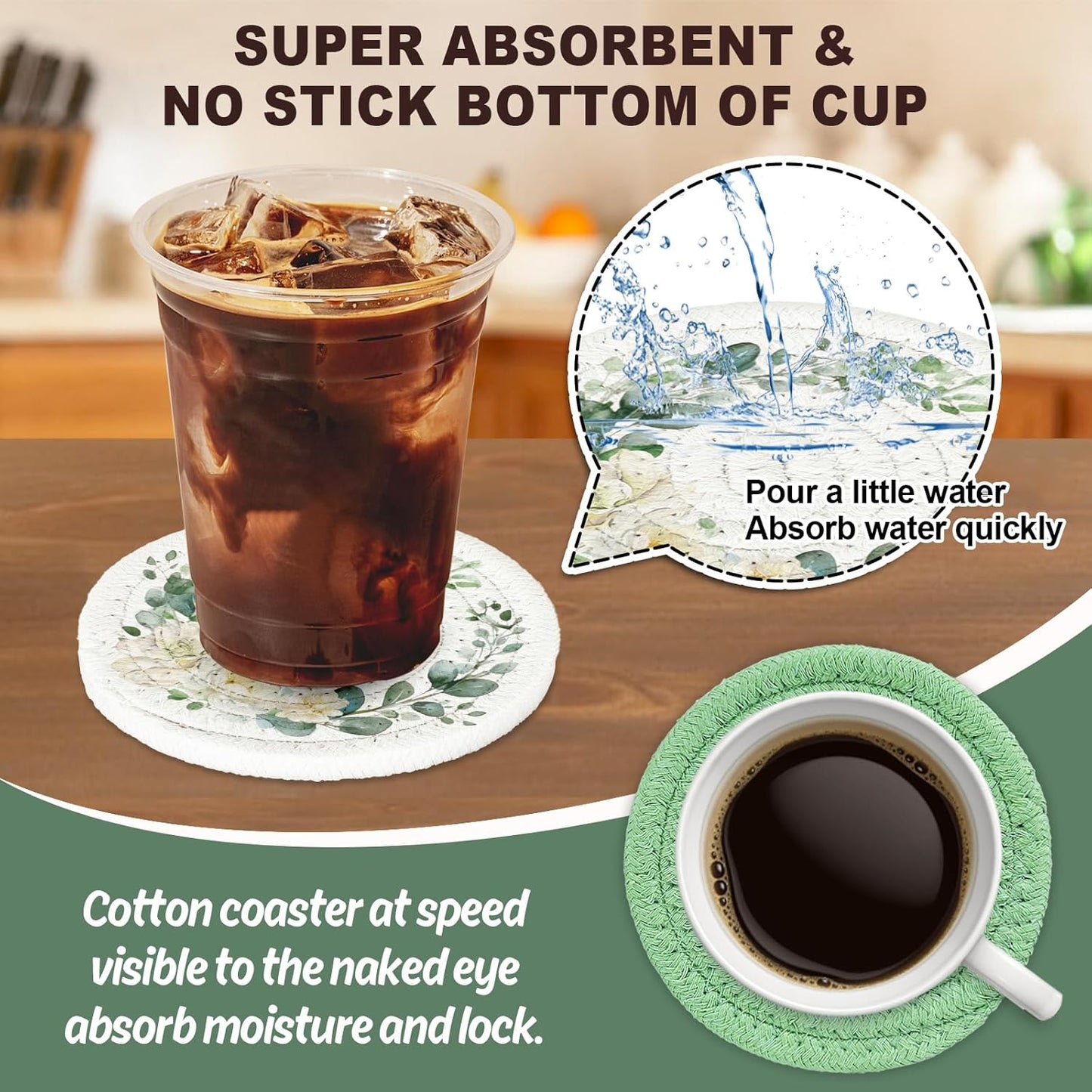 Whaline Eucalyptus Floral Cotton Coasters Flower Leaves Handmade Braided Drink Coasters Green Absorbent Cup Coaster for Spring Wedding Baby Shower Party Home Office Table Decoration, Set of 4