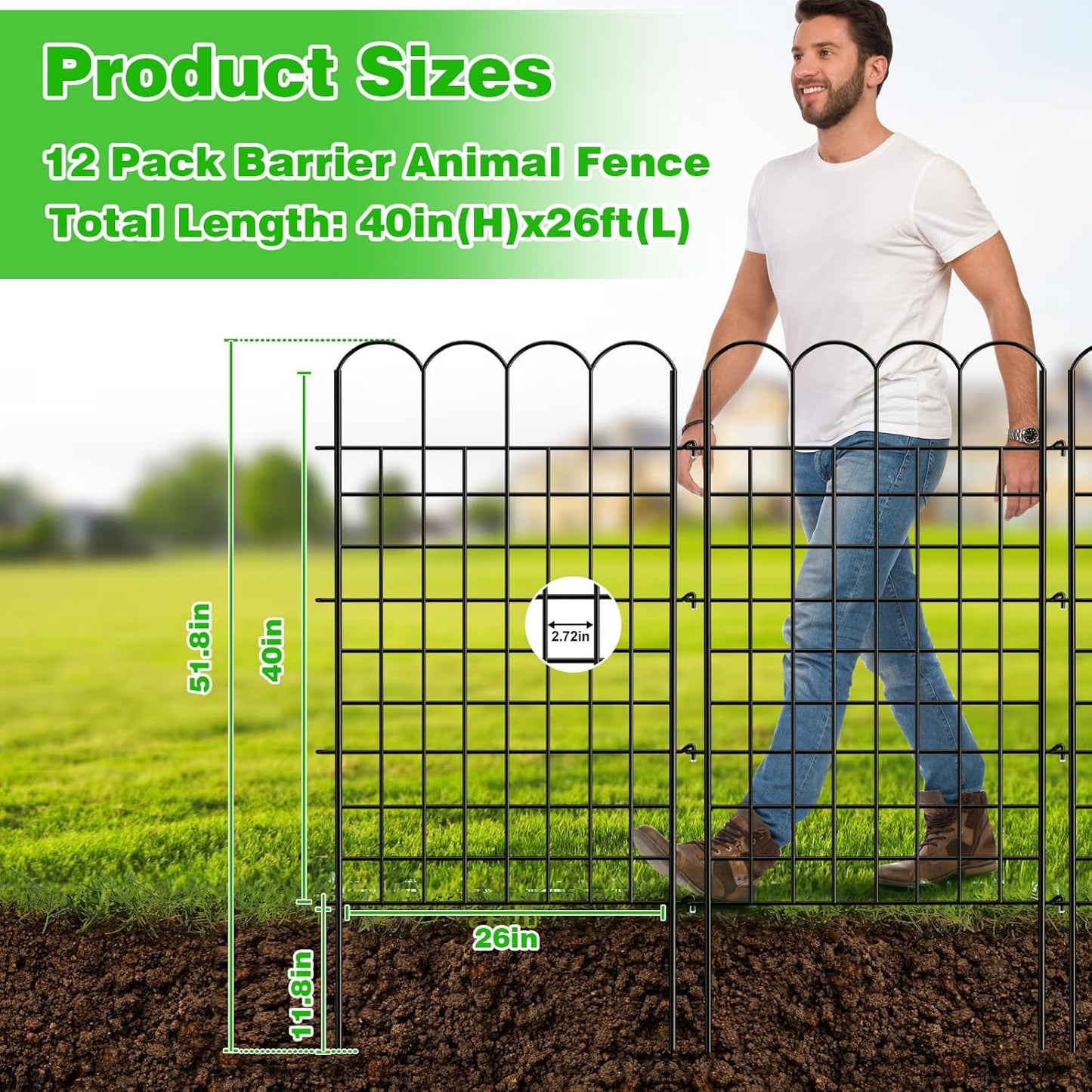 12 Panels Tall Decorative Garden Fence, 40 in(H) X 26 ft(L) No Dig Garden Dog Fence Animal Barrier, Rustproof Metal Wire Panel Border Fencing for Yard, Flower Vegetable Bed, Patio and Outdoor Decor