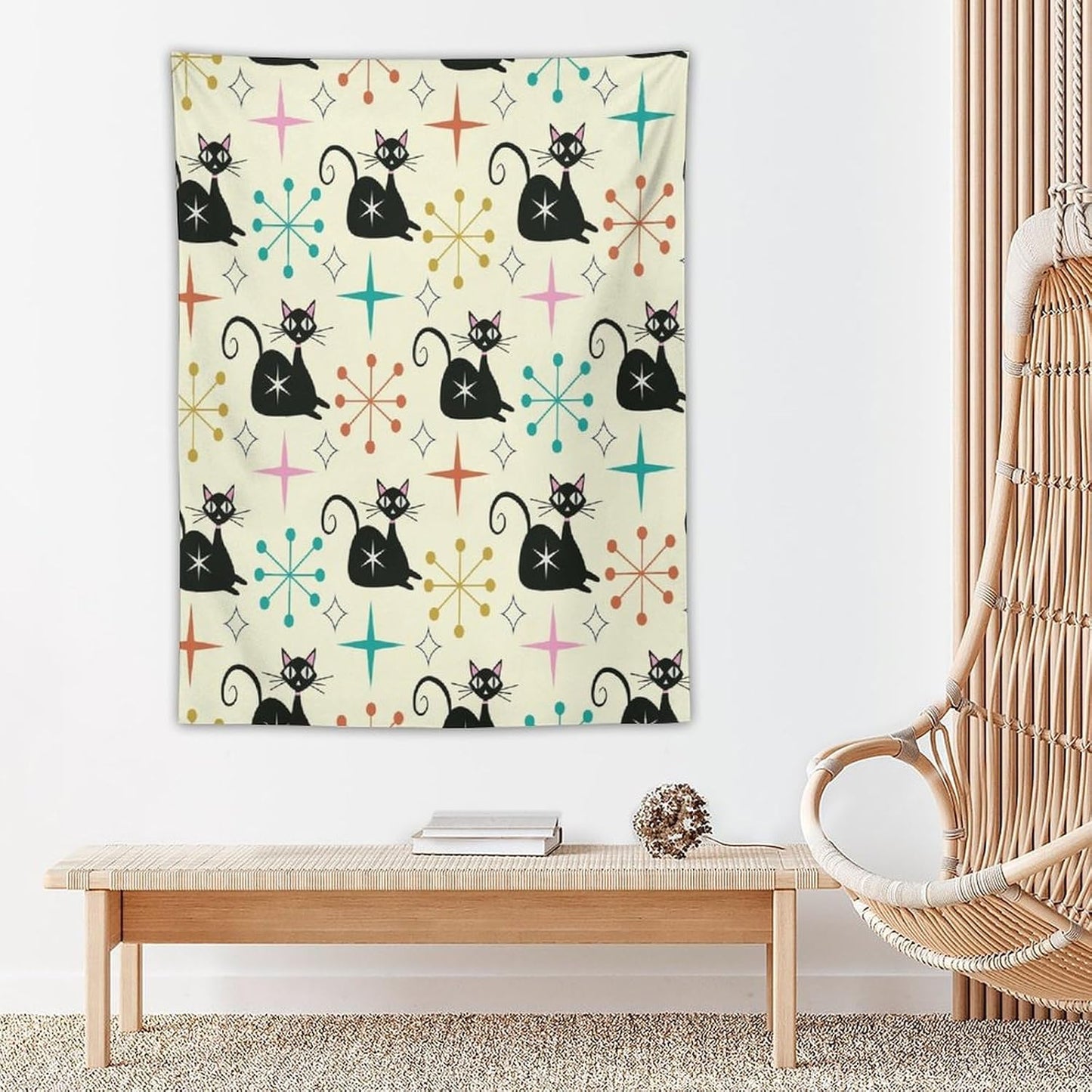 ICMOLYYENLO Abstract Cat Tapestry, Medieval Abstract Atomic Star Cat Vintage Home Wall Hanging Art Tapestry for Bedroom Living Room Dormitory 60x60 Inch
