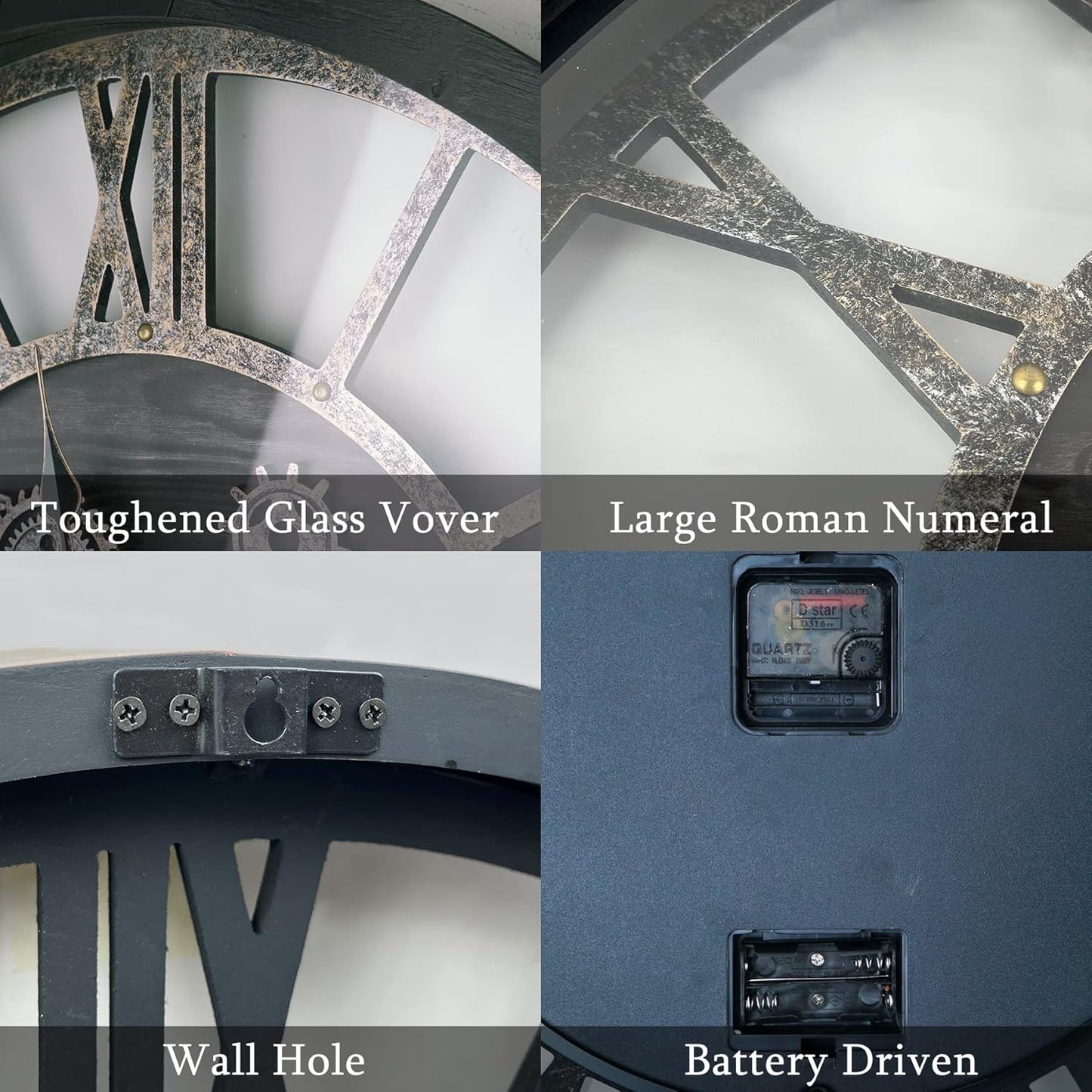 27 Inch Moving Gear Wall Clock, Oversized Wall Clocks, Clock Living Room Decor, Solid Wood Frame, Battery Operated, Large Wall Clock with Steampunk Industrial for Fireplace(Black)