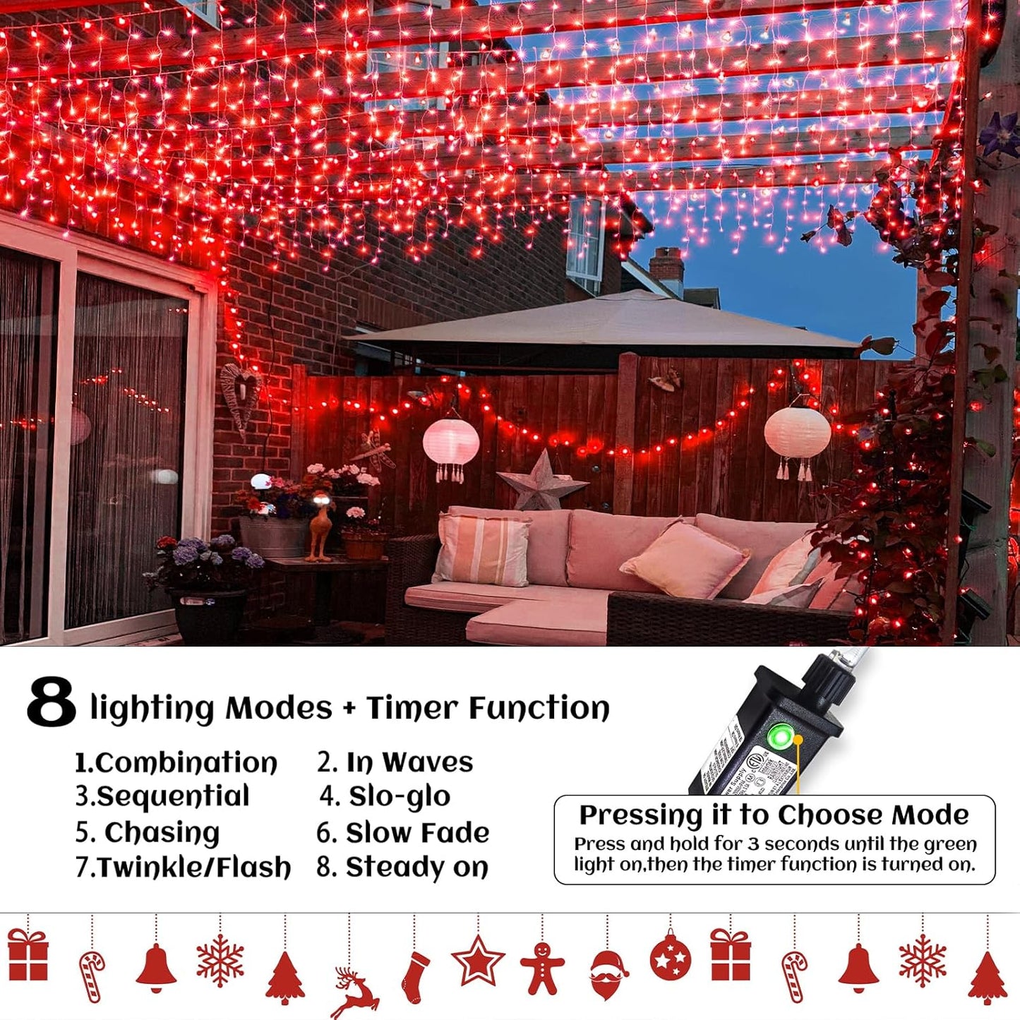 33ft Icicle Lights for Outside, Red Christmas Lights Outdoor Waterproof for House, 400 LED Twinkle Tree Lights with 75 Drops Clear Wire Short Curtain Light for Room Home Wall Indoor Decorations