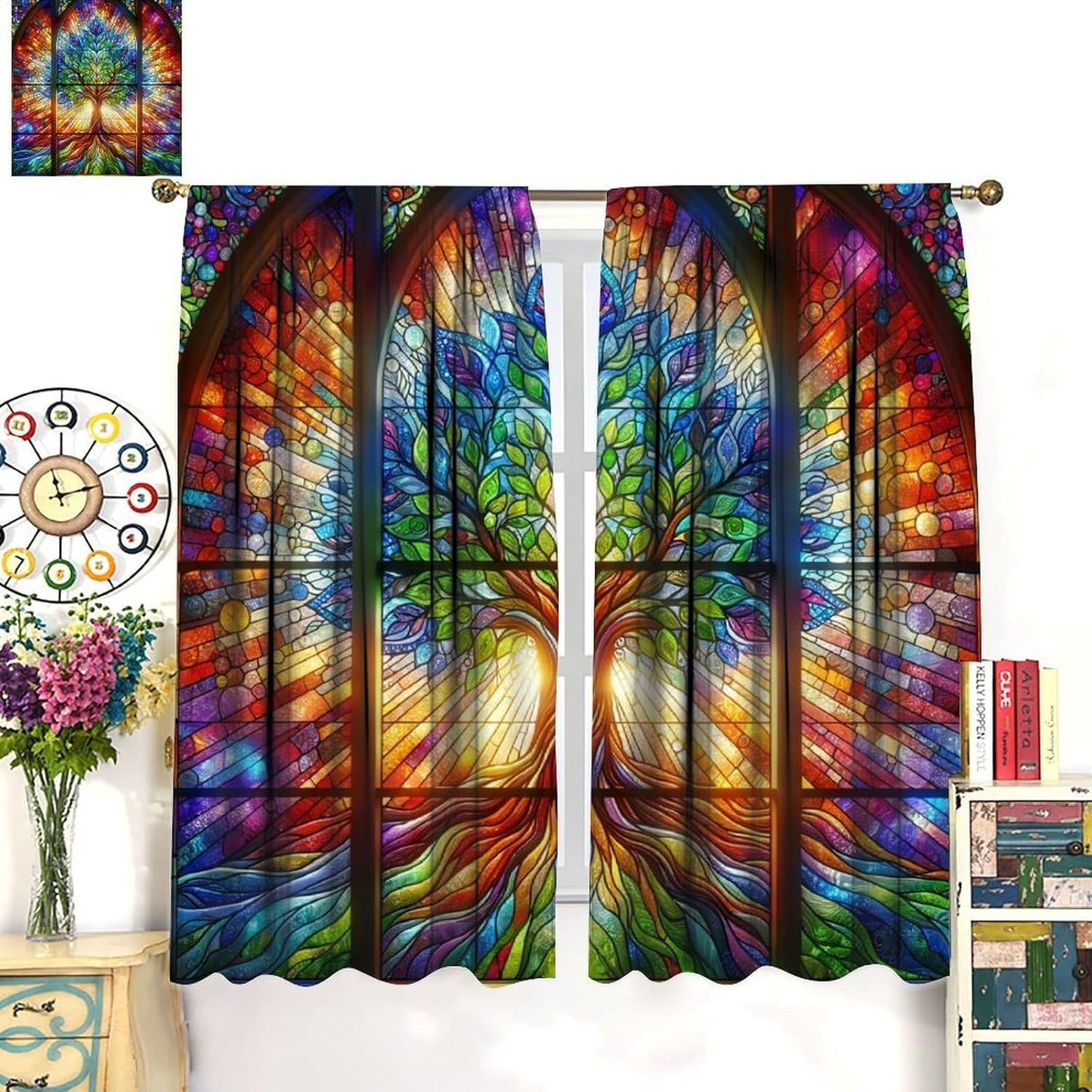 Stained Glass Curtains,Tree of Life Colorful Abstract Art Home Decor Drapes for Bedroom Living Room Kitchen Window Treatment 2 Panels Set Total Size 42" W X 54" L Inch