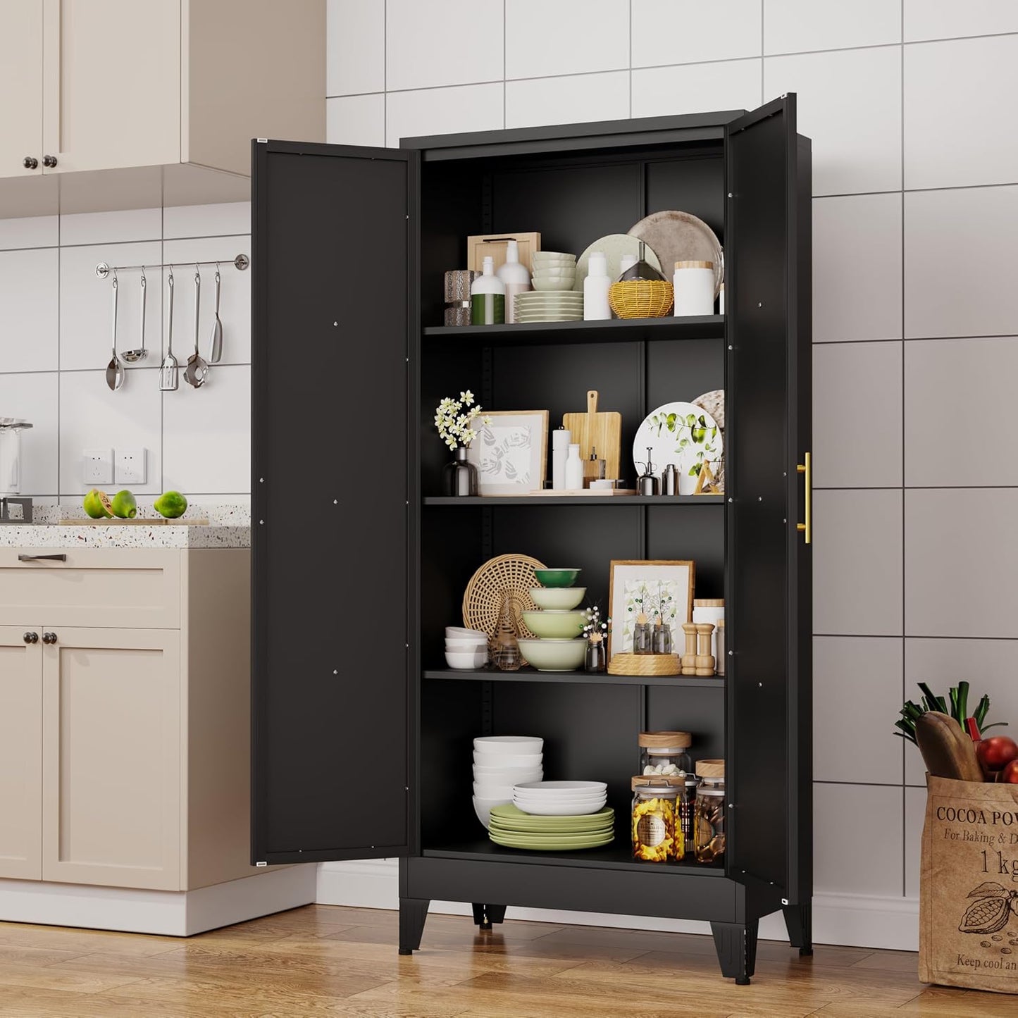 61" H Metal Kitchen Pantry Storage Cabinet, Freestanding Cupboard with 2 Doors and 3 Adjustable Shelves, Standing Storage for Kitchen, Bathroom, Garage, Dinning Room or Utility Room（Black）