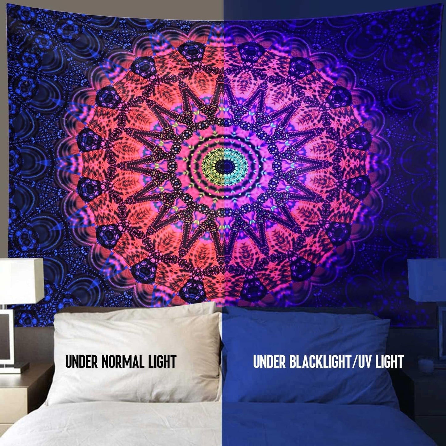 ADDWel Blacklight Mandala Boho Tapestry Glow In The Dark, Black Light Bohemian Hippie Poster Wall Hanging for Bedroom Aesthetic Wall and Room Decor (90" x 70", Mandala)