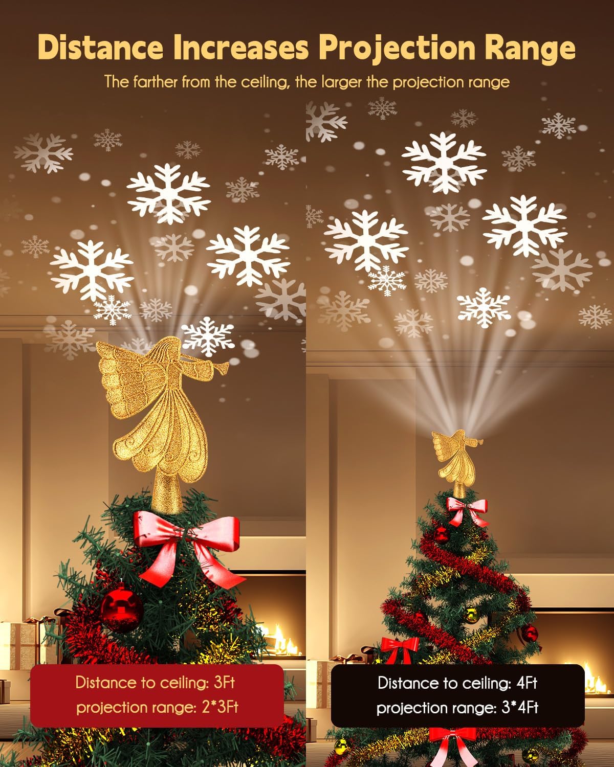 Christmas Angel Tree Topper with Built-in LED Snowflake Projector Lights Hollowed Pentagram Tree Top with Gold Spangles Plated Plug in for Indoor Outdoor Christmas Decorations, Gold