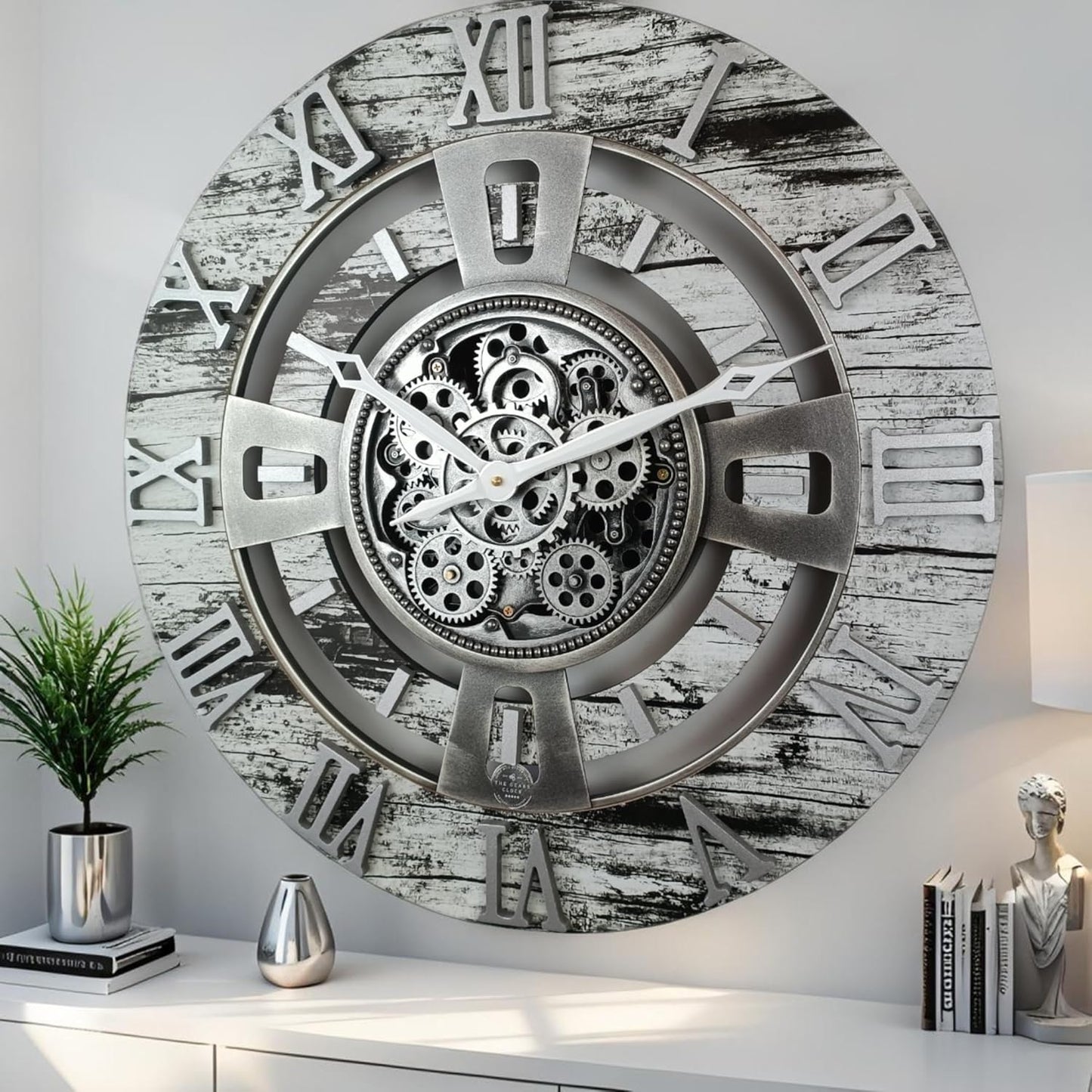The Gears Clock 24'' Inch Real Moving Gear Wall Clock England Line (Grey & White, 24 inches (60 cm))