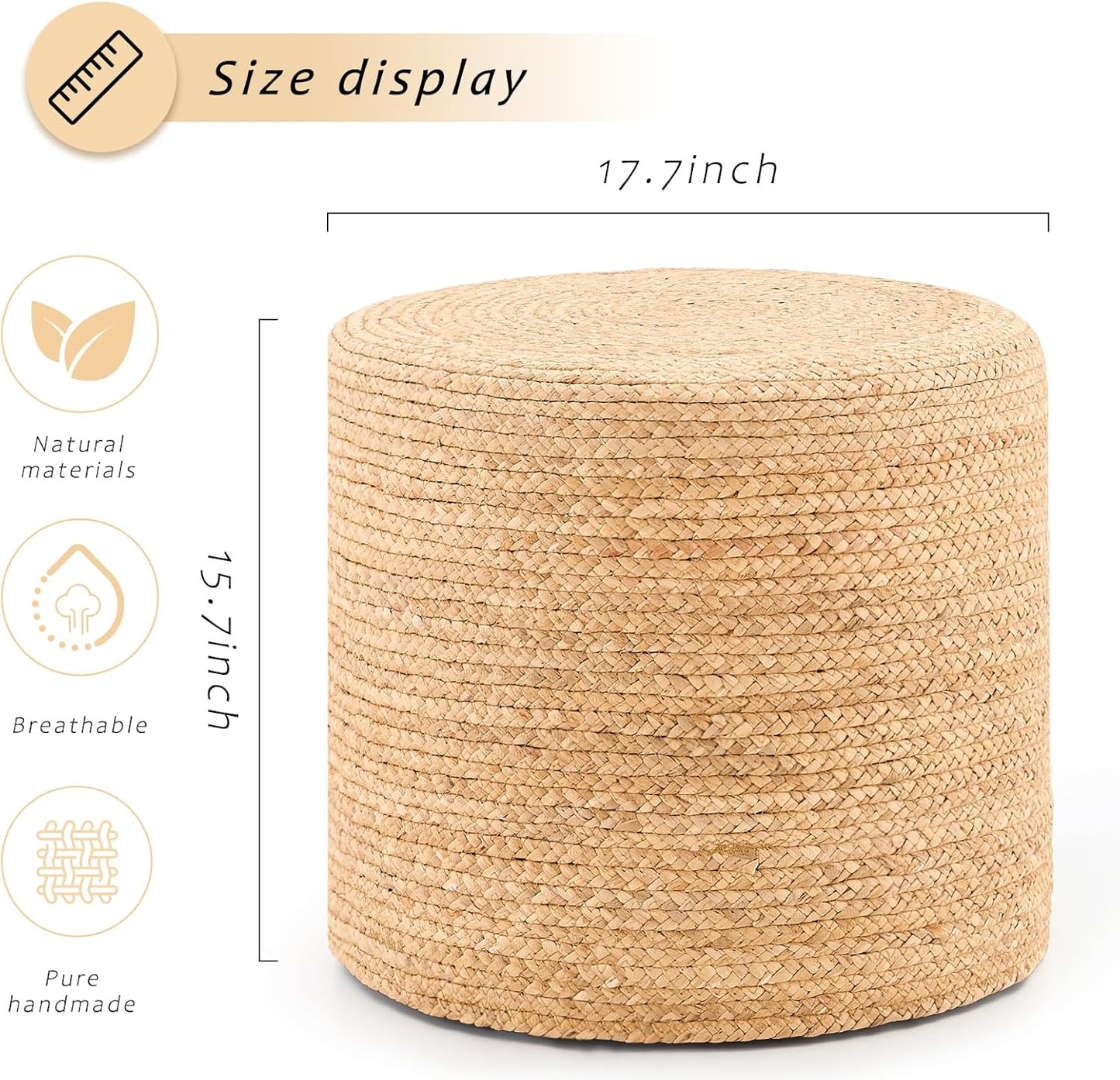 Handwoven Ottoman Pouf, Natural Water Hyacinth Footstool, Round Braided Outdoor Seat with Sturdy Frame, Boho Accent Stool for Patio, Balcony, or Garden (Natural)