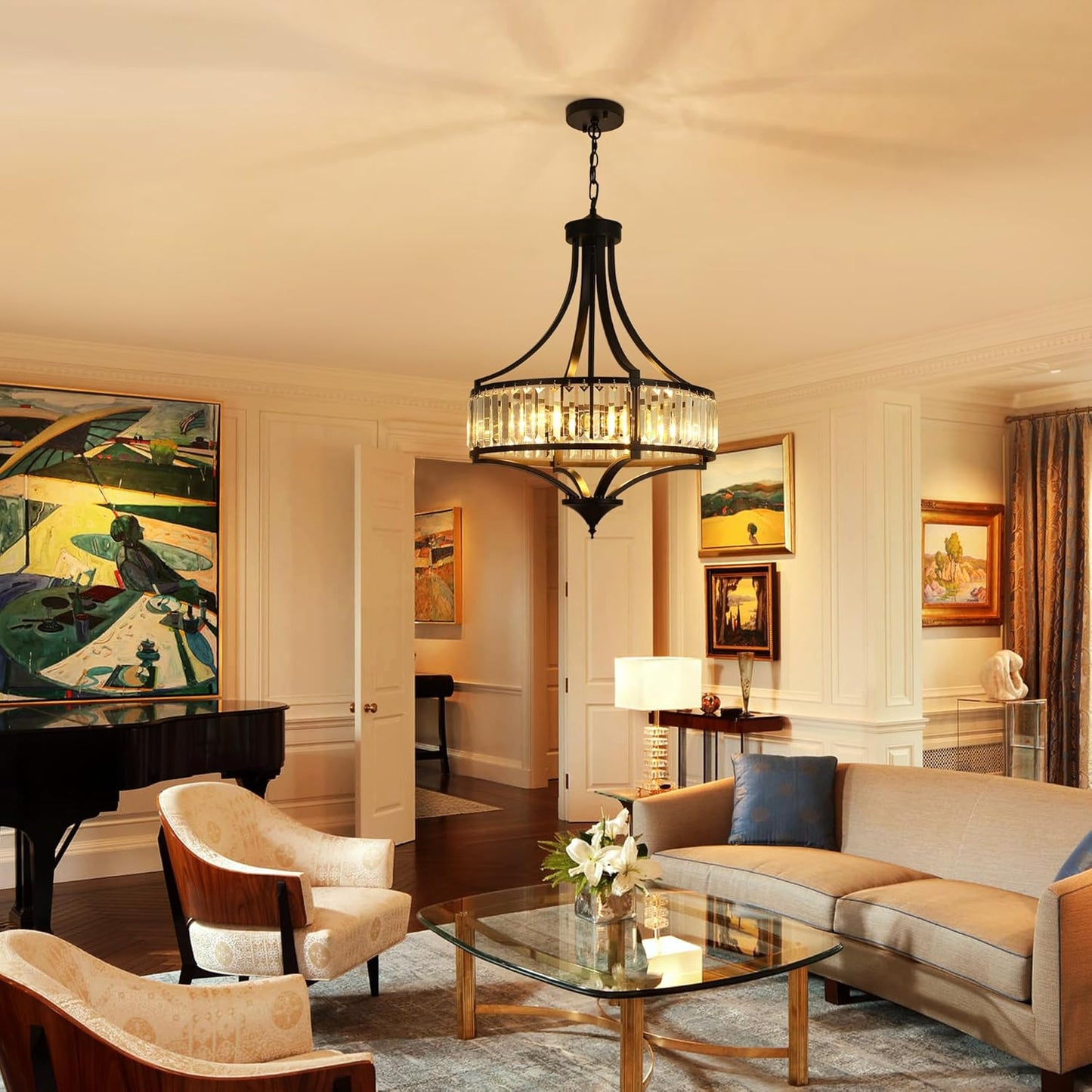 20" Modern Farmhouse Crystal Chandeliers for Dining Room, 5-Light Black Antique Pendant Chandelier, Contemporary Hanging Light Fixture for Living Room Bedroom Foyer Kitchen Island Entryway