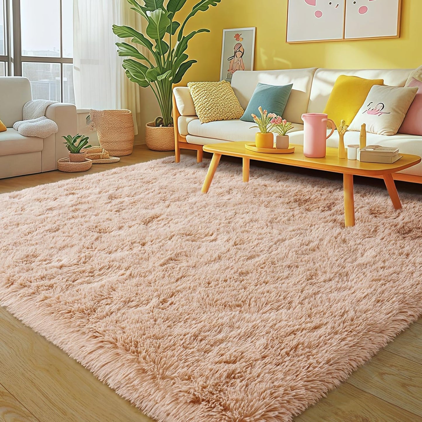 Rezutan Fluffy Rug for Living Room Bedroom Soft Modern Shaggy Fuzzy Kids for Living Room, Cute Room Decor, Plush Indoor Nursery Home Decor Bedside with Non-Slip Bottom, Beige, 4 X 6 Feet