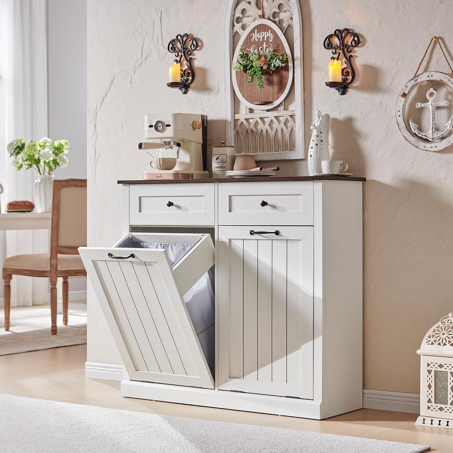 Double Tilt Out Laundry Hamper Cabinet, 20 Gallon Farmhouse Trash Can Cabinet with Drawer, Hidden Wood Garbage Can Bin Cabinets with Laundry Storage Basket for Bathroom, Kitchen (Antique White)