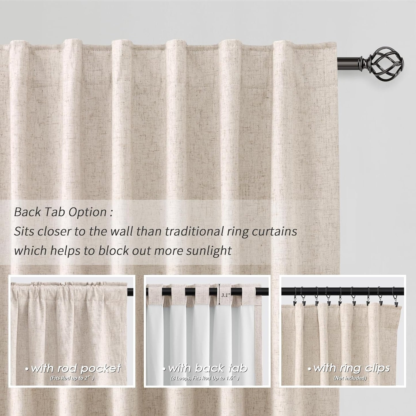 BOODII Oatmeal Linen Black Out Curtains 63 Inch Long 2 Panels Set for Bedroom Light Blocking Curtains Greige with 100% Blackout Backing Warm Taupe Thermal Insulated Room Darkening Nursery Curtain