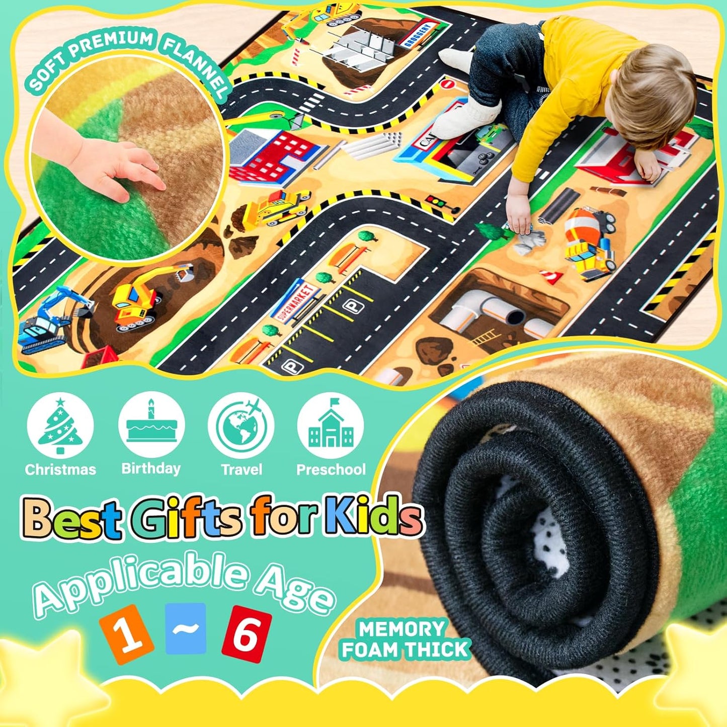 Kids 4x6 Ft Construction Site Play Rug, Baby Play Mat, Tufted Wool & Rubber, Non-Slip, Stain & Fade Resistant, Machine Washable, Rustic Cartoon Construction Site Pattern