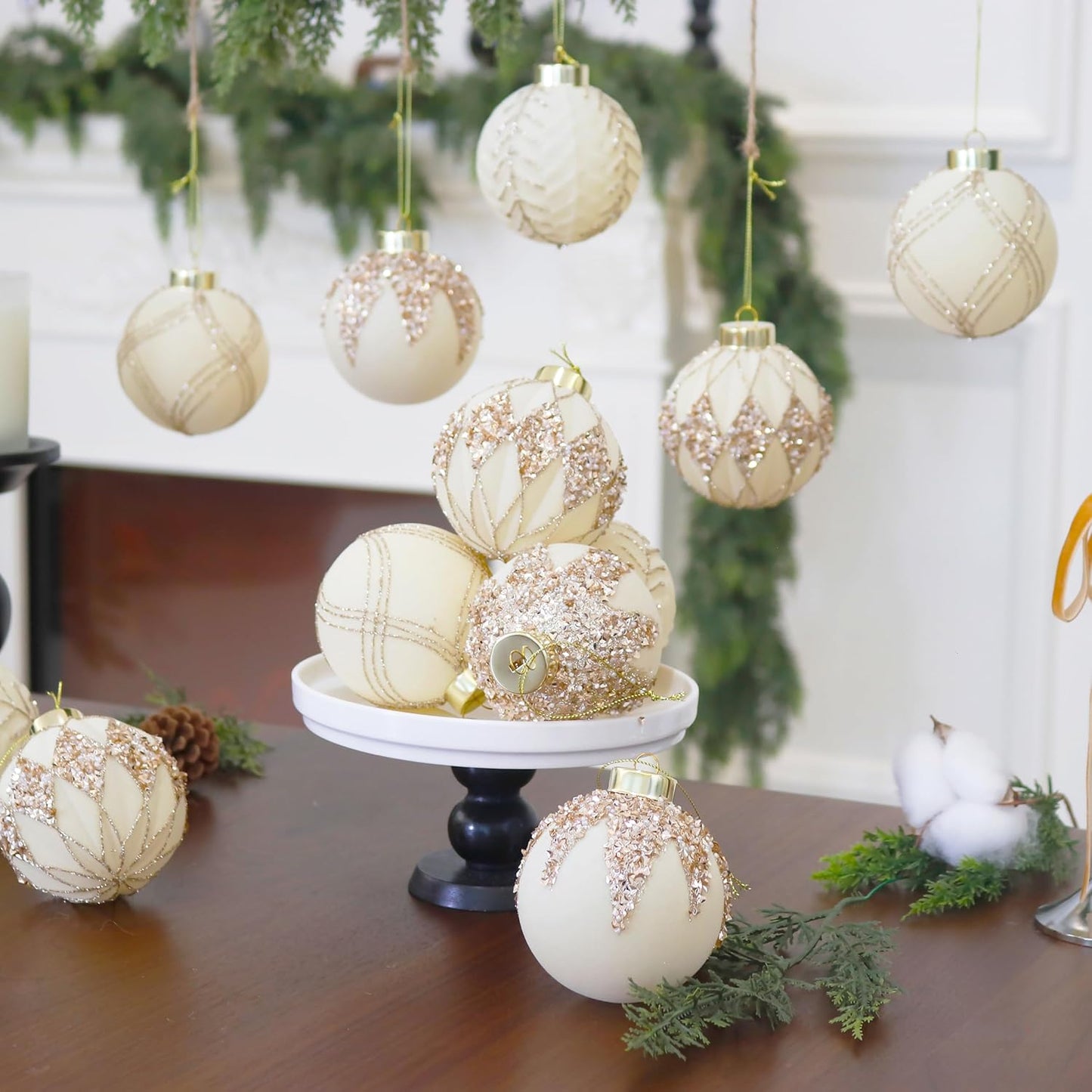 3.15INCH Beige Velvet Ornaments for Christmas Tree, 12PCS Glitter Flocked Christmas Ornaments Decorations Balls Set Decor