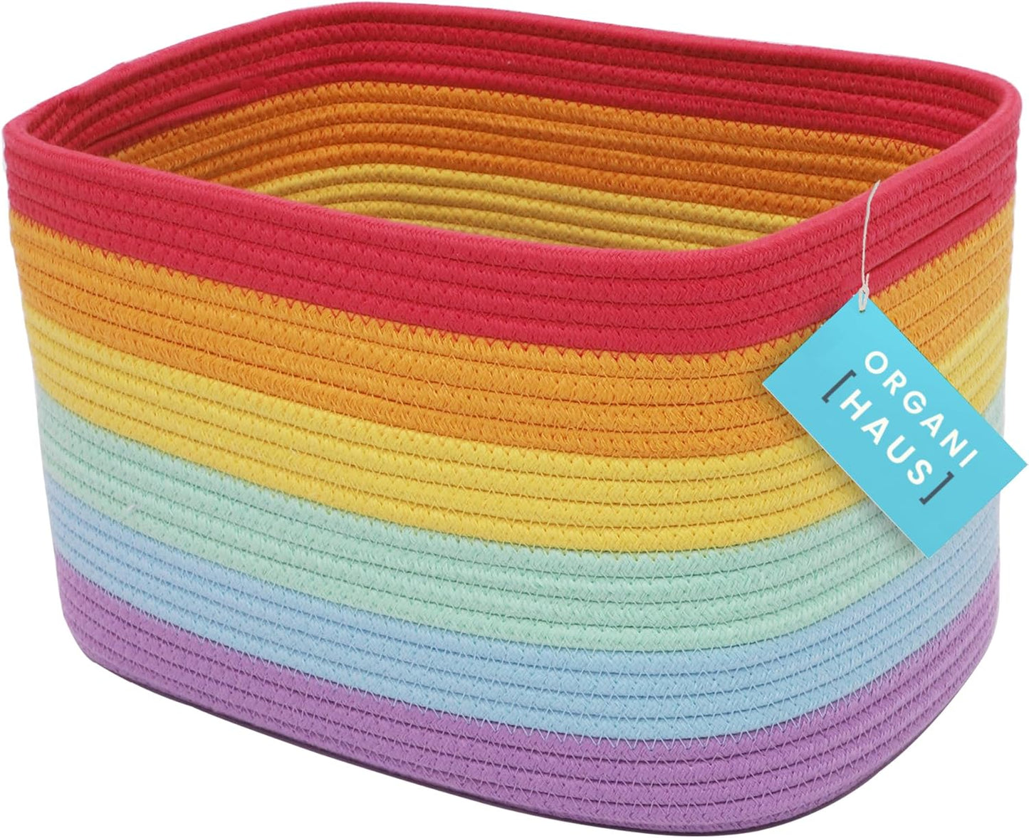 OrganiHaus Rainbow Woven Storage Baskets for Organizing, Cotton Rope Organizer Bins for Shelves, Closet & Nursery, Dog Toy Basket, Decorative Bins for Toys, Towels & Books - 15x10x9
