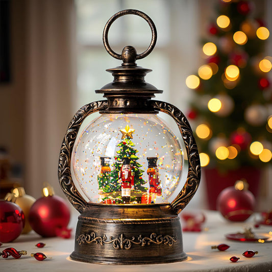 Christmas Snow Globe Lantern Water Glittering Nutcrackers with Music & Timer, USB Lined/Battery Operated Lighted Lantern for Christmas Festival Decoration Gifts