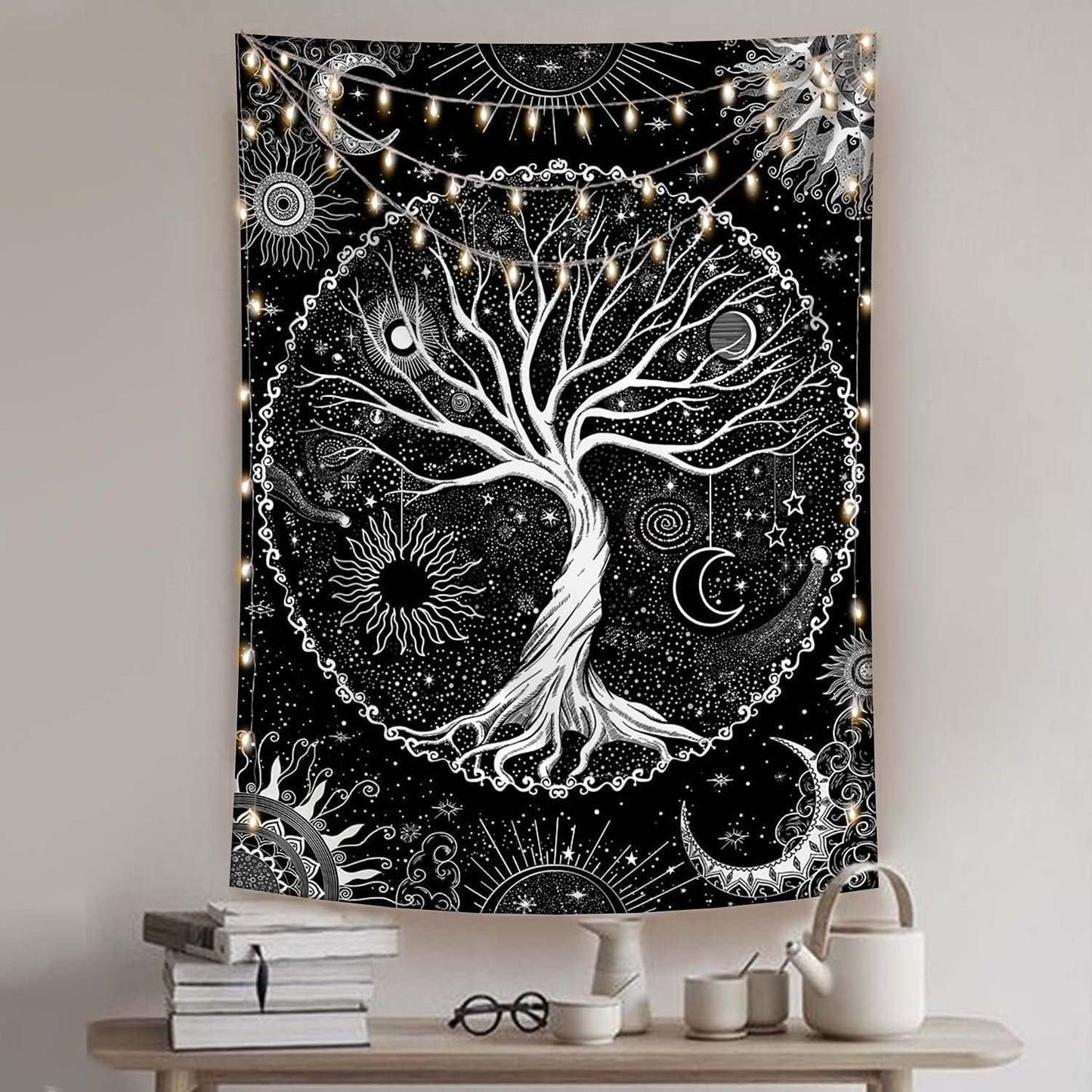 Lunerfex Tree of Life Tapestry Black and White Tapestry Mystical Sun and Moon Tapestries for Bedroom and Living Room Decor Black Tree 44×60 Inches
