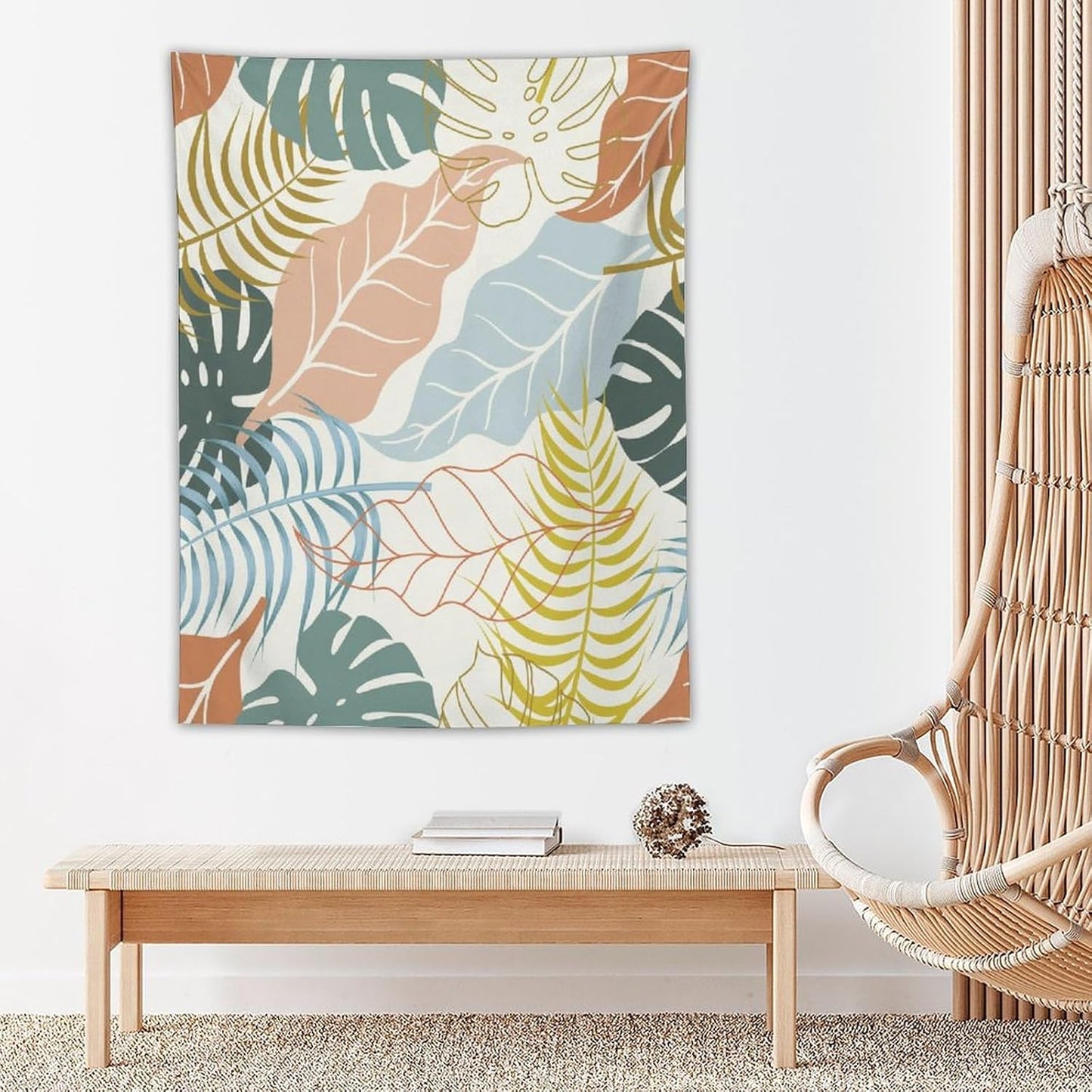ICMOLYYENLO Boho Green Leaves Tapestry, Mid Century Abstract Tropical Palm Leaves Modern Minimalist Geometric Wall Hanging, Neutral Home Decor Art for Living Room Bedroom Dorm 60x60 Inch