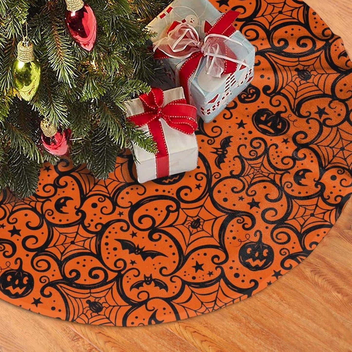 Christmas Tree Skirt,Halloween Pumpkin Xmas Tree Skirt Rustic Farmhouse Tree Skirt for Christmas Decor Xmas Holiday Home Party Decorations48