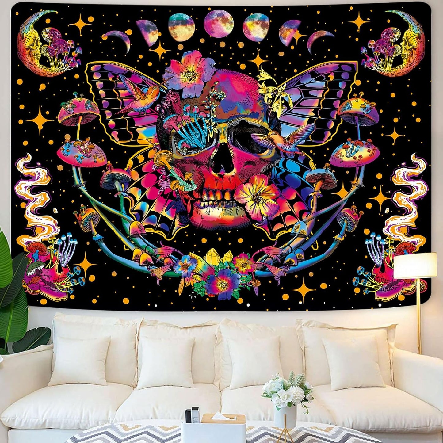 Xiaoput Blacklight Skull Tapestry, UV Reactive Mushroom Butterfly, Aesthetic Moth Moon Flowers, Hippie Skeleton Wall Hanging for Bedroom, Living Room, Home, Dorm 80x60IN