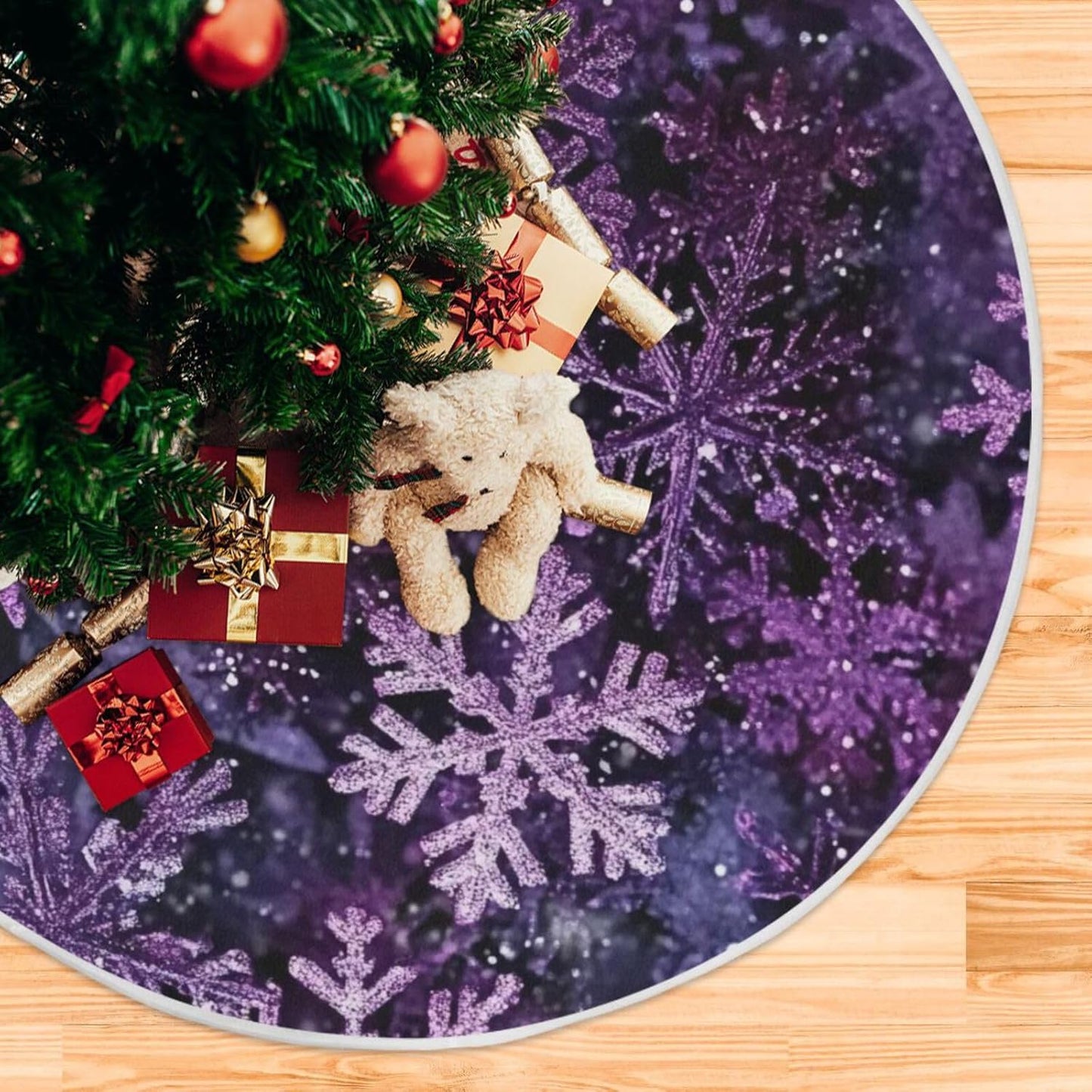 Christmas Purple Snowflake Party Tree Skirt, Seasonal Tree Mat Holiday Party Supplies Ornaments Indoor Outdoor Decorations for Tabletop Trees 35.4 Inches